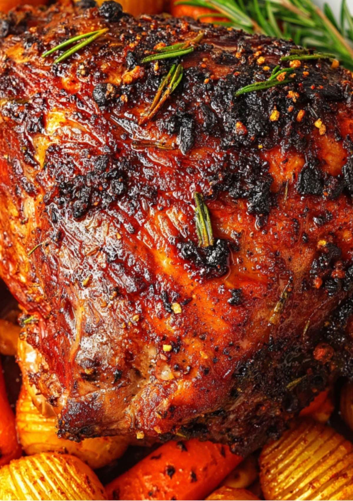 Close-up of a beautifully roasted leg of lamb with a crispy garlic herb crust, surrounded by golden potatoes and carrots.