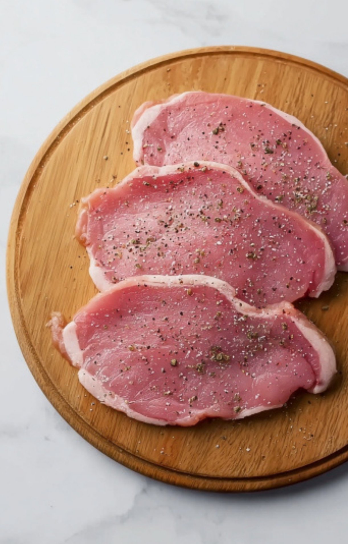 Three raw veal cutlets seasoned with salt and pepper, arranged on a round wooden cutting board.