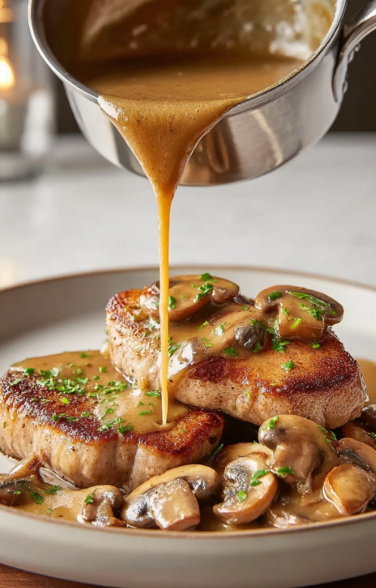 Golden brown veal cutlets topped with mushrooms as savory sauce is poured over, making a restaurant-style Italian meal at home.