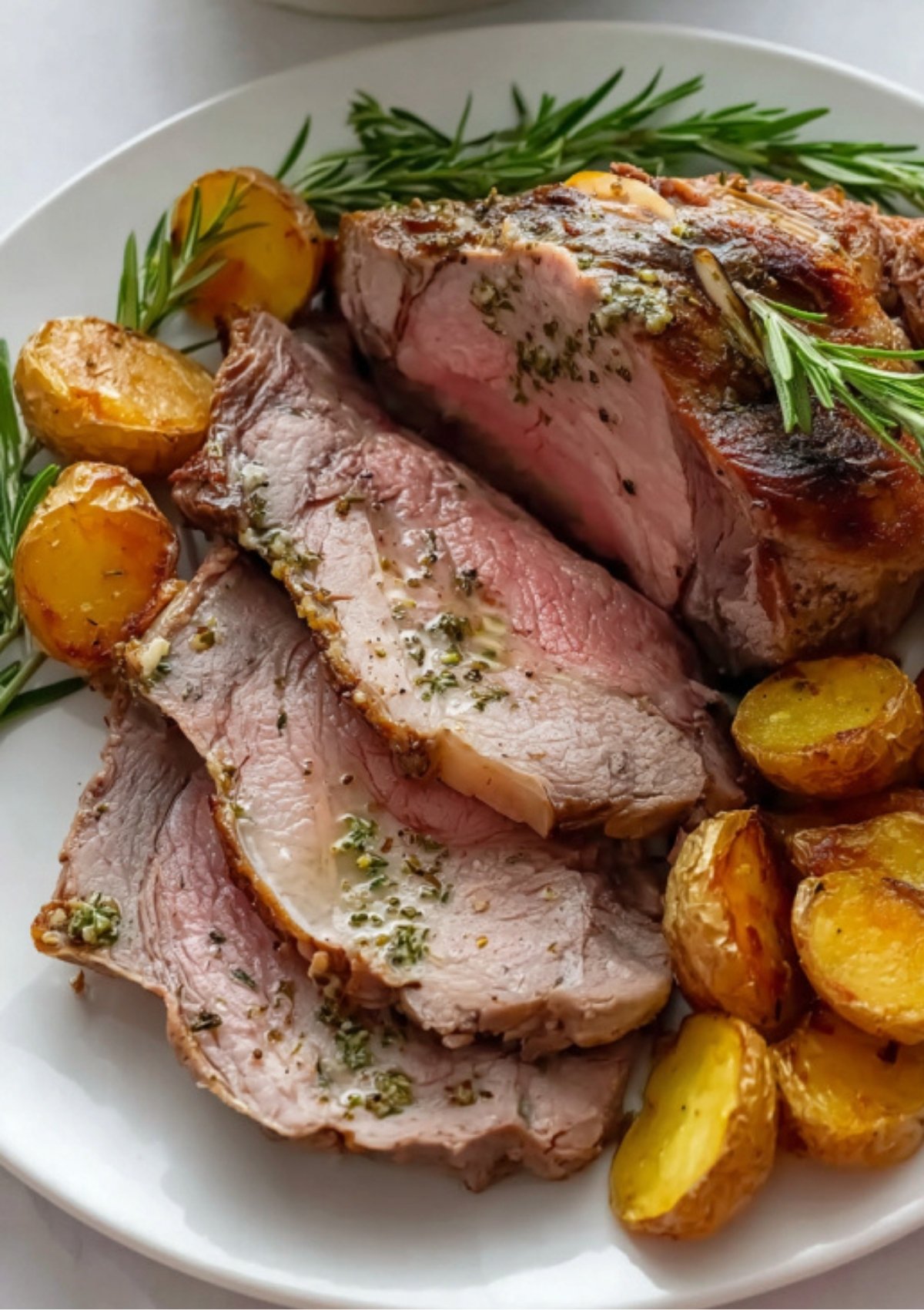 Sliced boneless leg of lamb served with roasted potatoes and fresh rosemary on a white plate