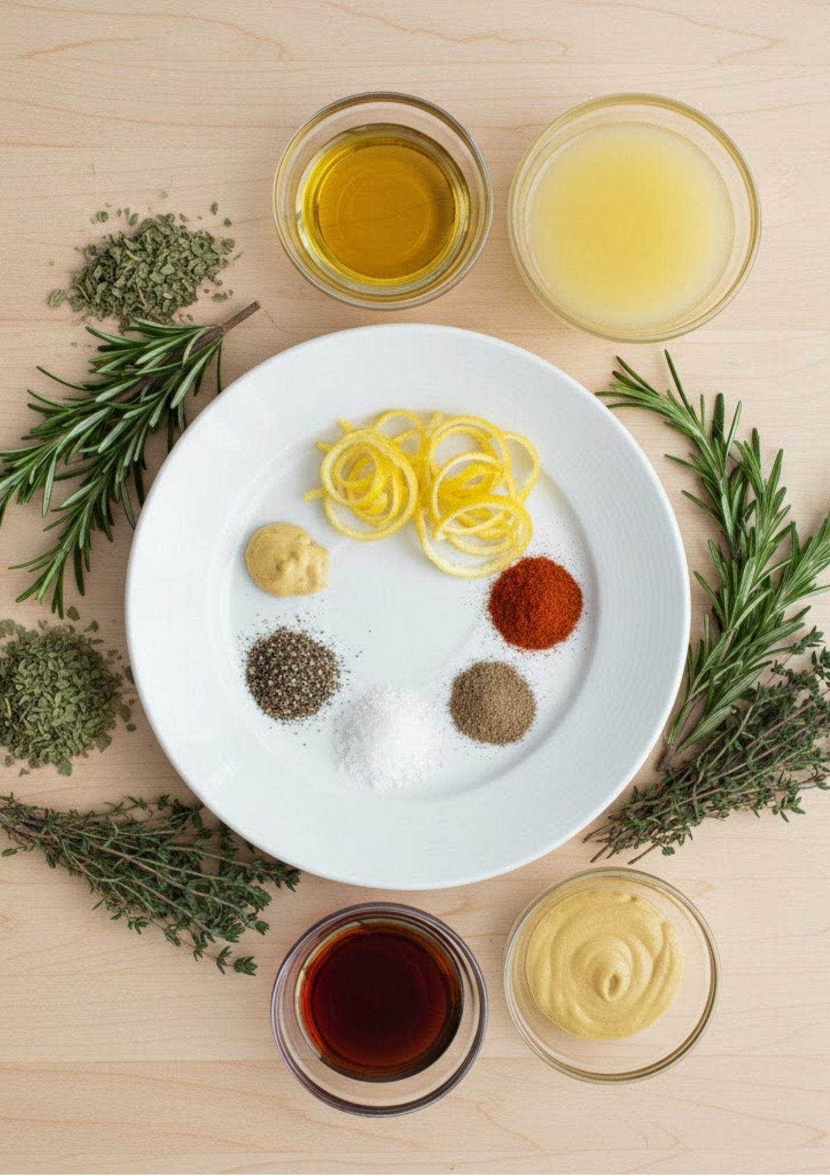 All the ingredients for leg of lamb roast marinade arranged on a table, including lemon zest, herbs, spices, oil, and Dijon mustard