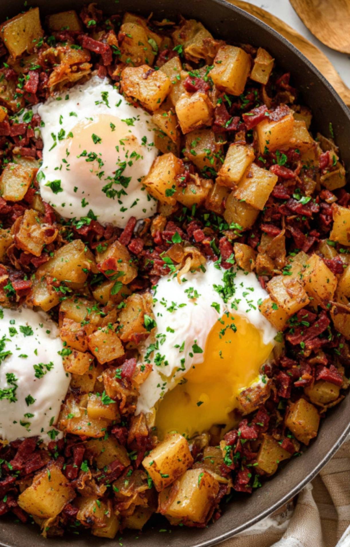 Golden brown corned beef hash with potatoes in a skillet, topped with poached eggs and a sprinkle of parsley.
