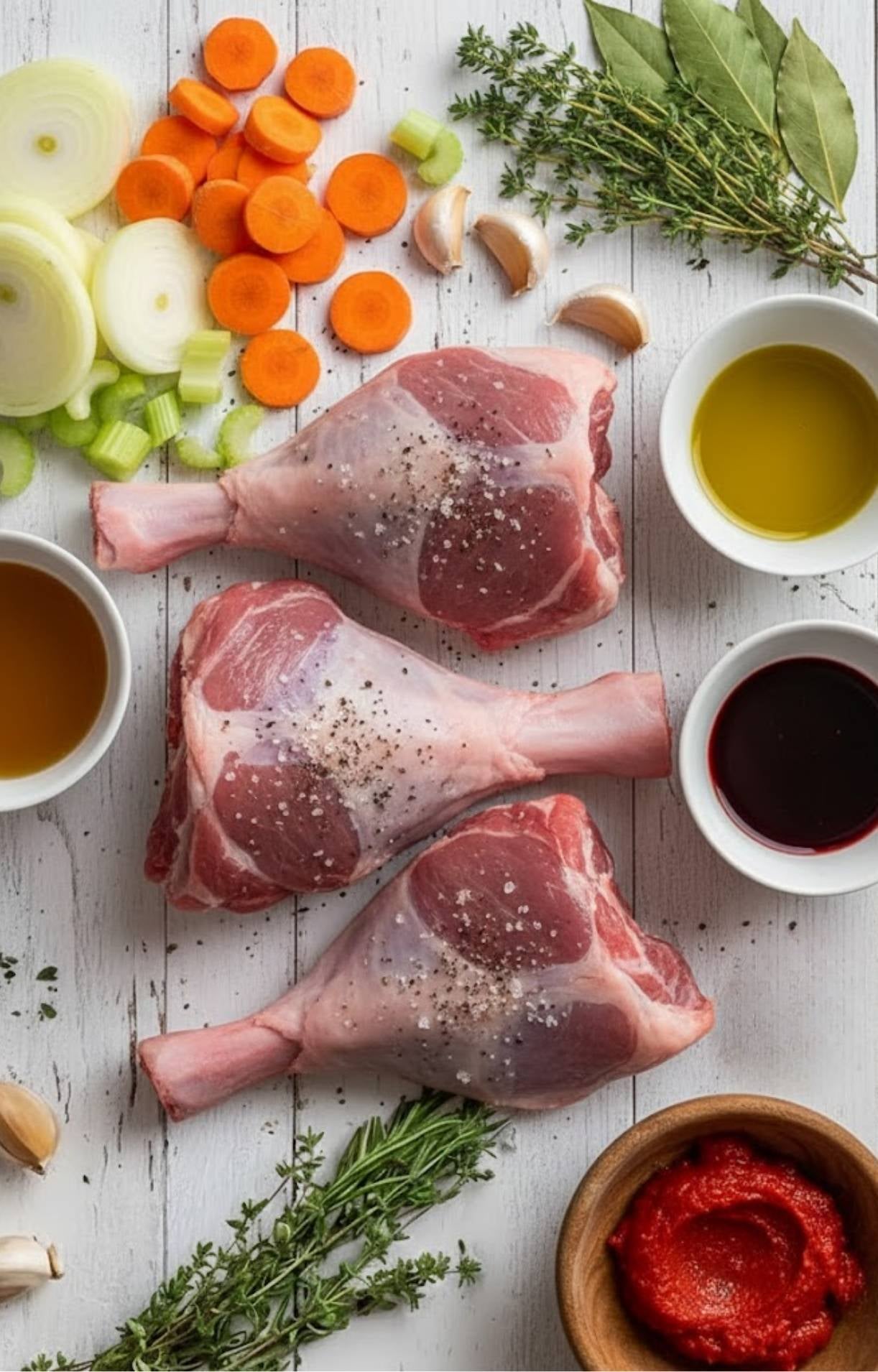 Raw lamb shanks and vegetables like carrots, celery, and onions with fresh herbs, olive oil, and broth on a white table.
