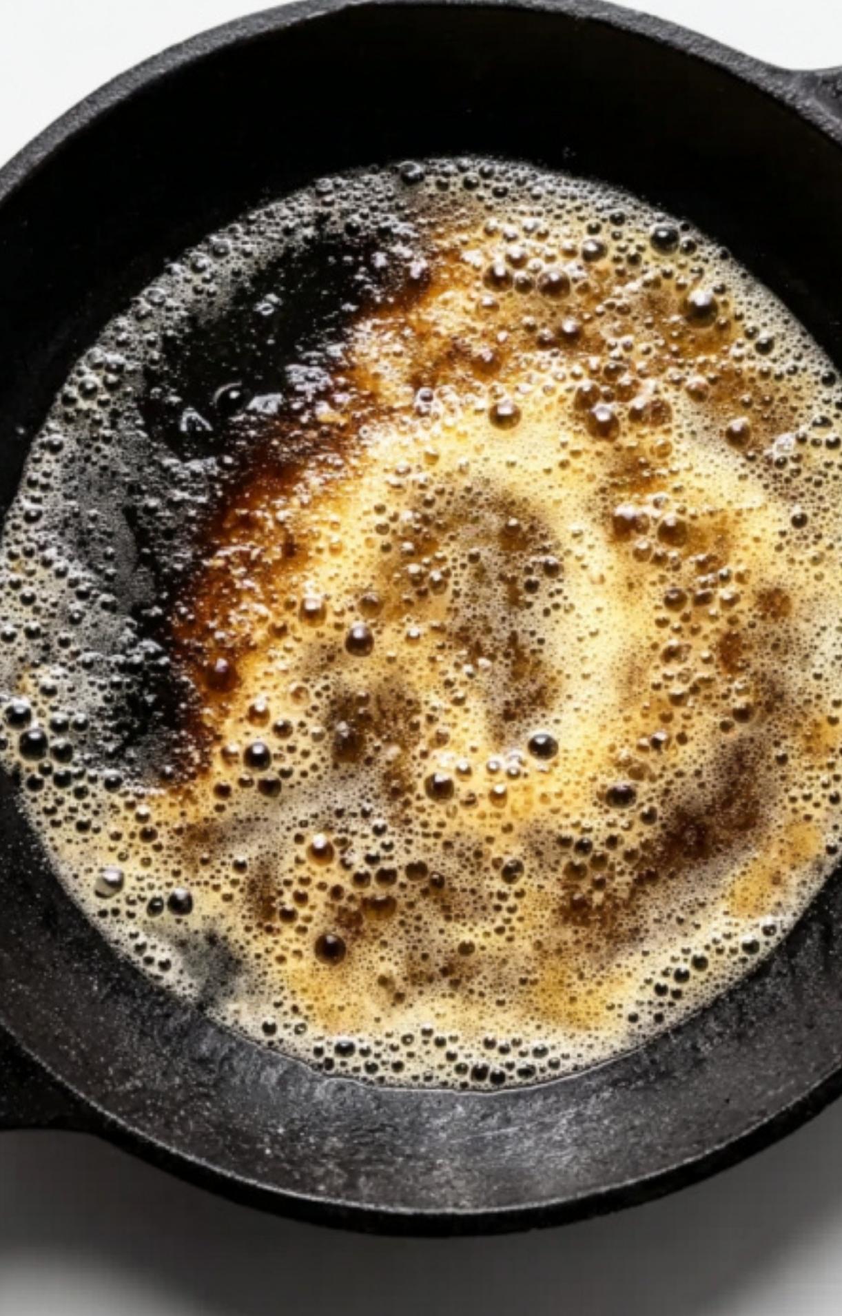 Melted butter browning in a dark cast-iron skillet, creating a nutty base for the sauce.