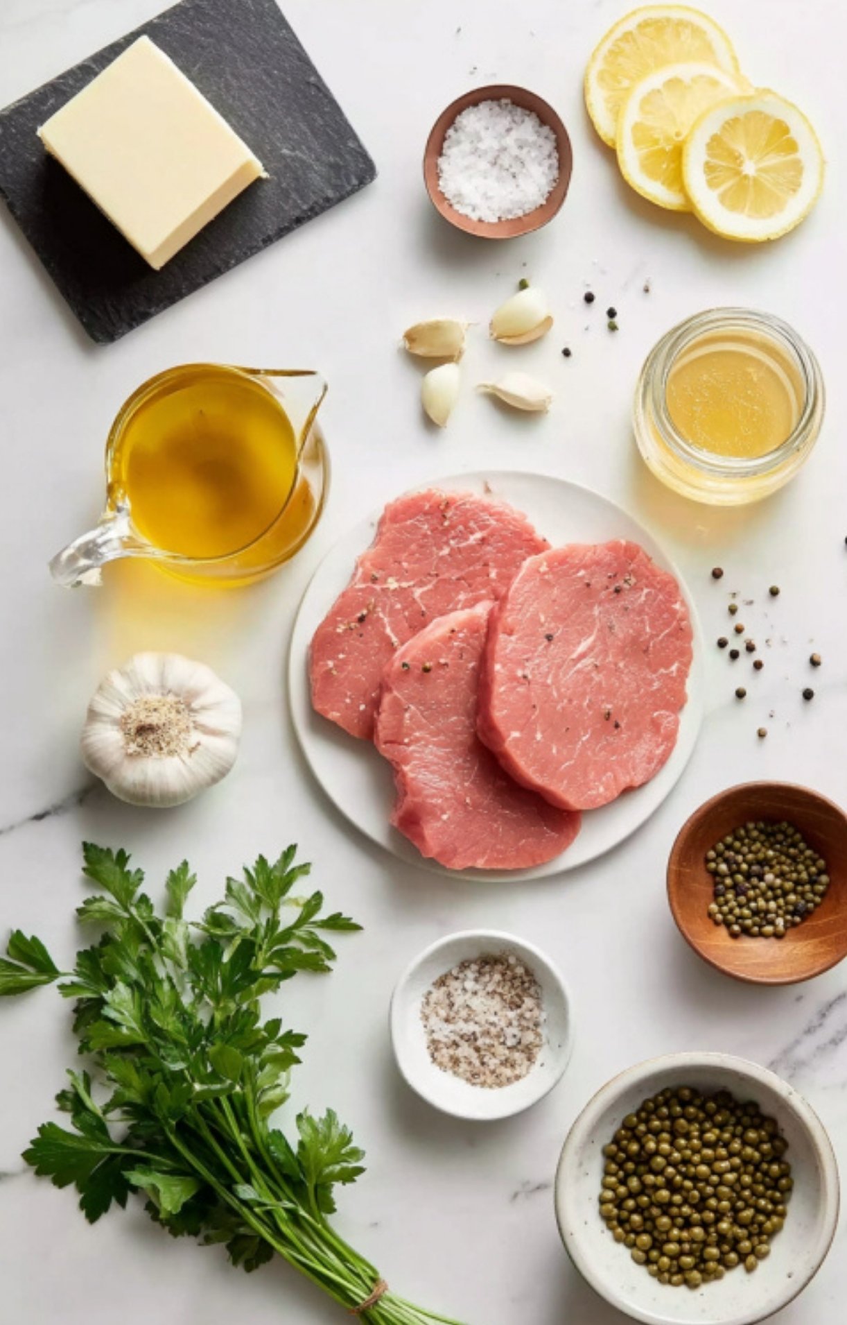 Flat lay of fresh veal, lemon, capers, parsley, garlic, butter, and olive oil for making veal scallopini.