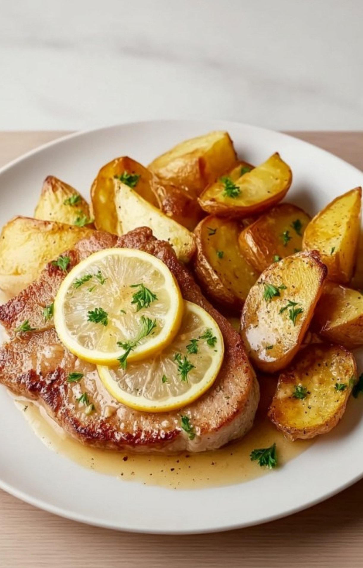 Juicy veal cutlets with golden brown edges, served in a tangy lemon sauce and garnished with parsley and lemon rounds. Elegant, quick, and restaurant-style at home.