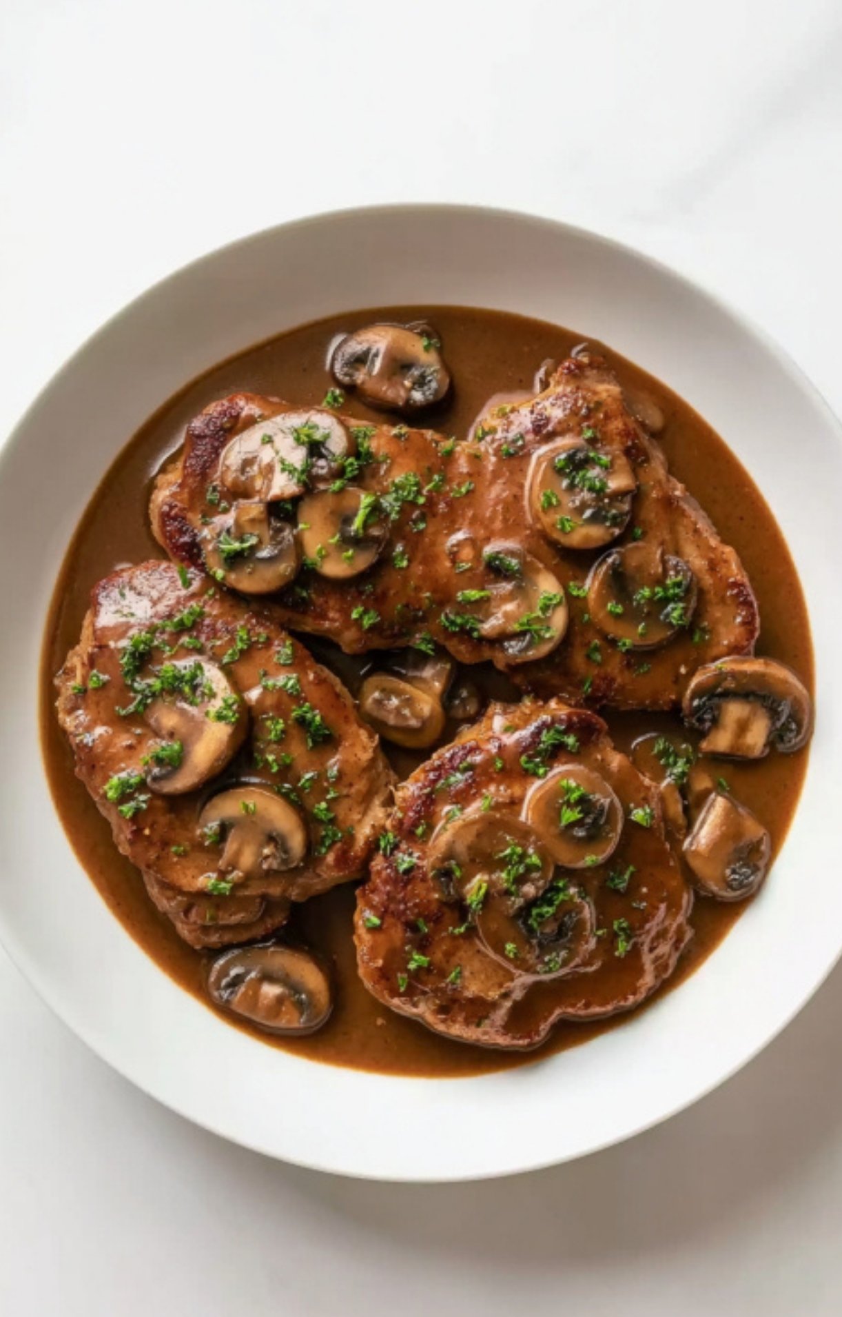 Plate of veal scallopini with mushrooms and Marsala wine sauce, garnished with chopped parsley