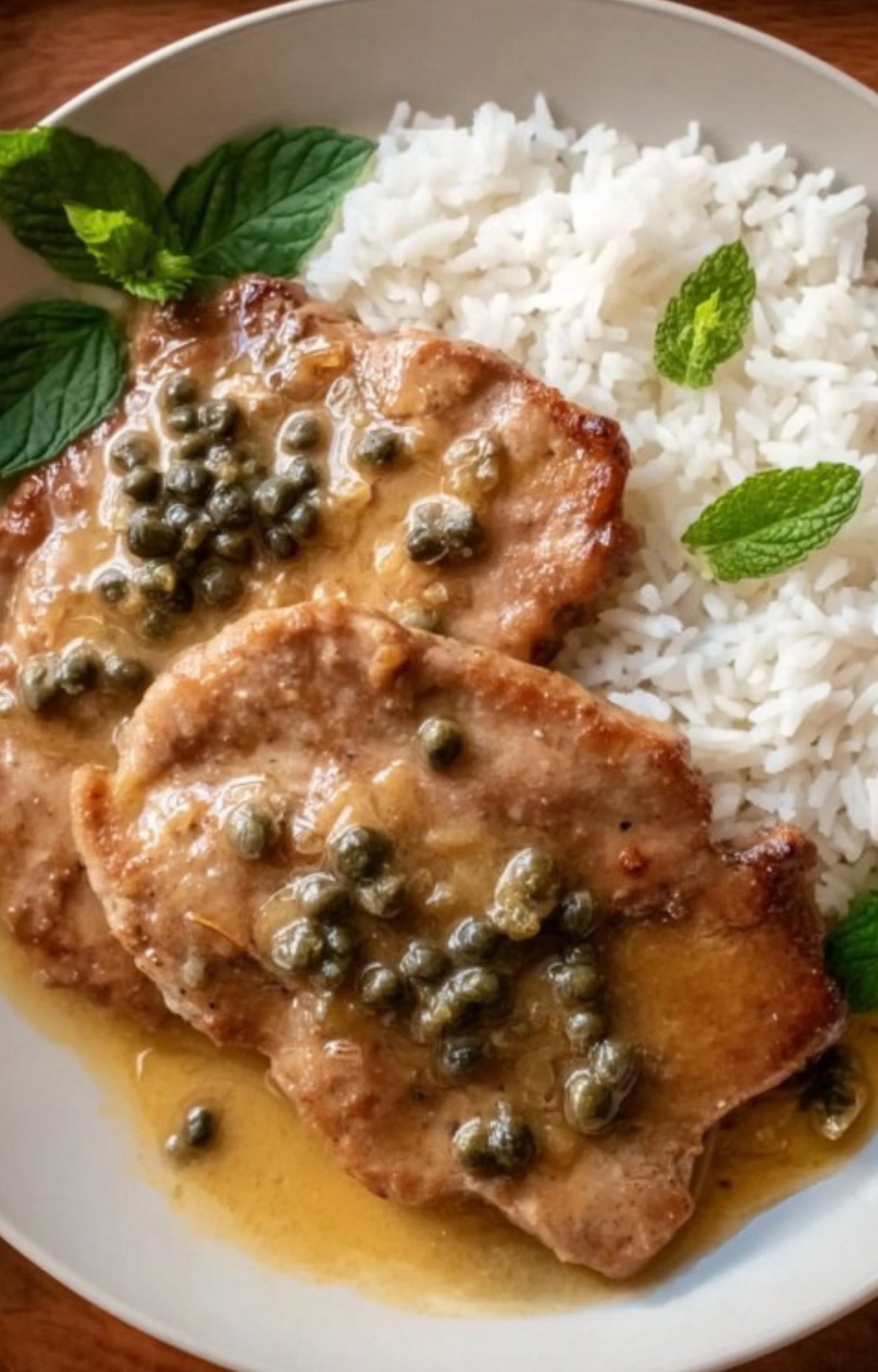Two pieces of tender veal smothered in a caper and lemon glaze, served with white rice and fresh mint.