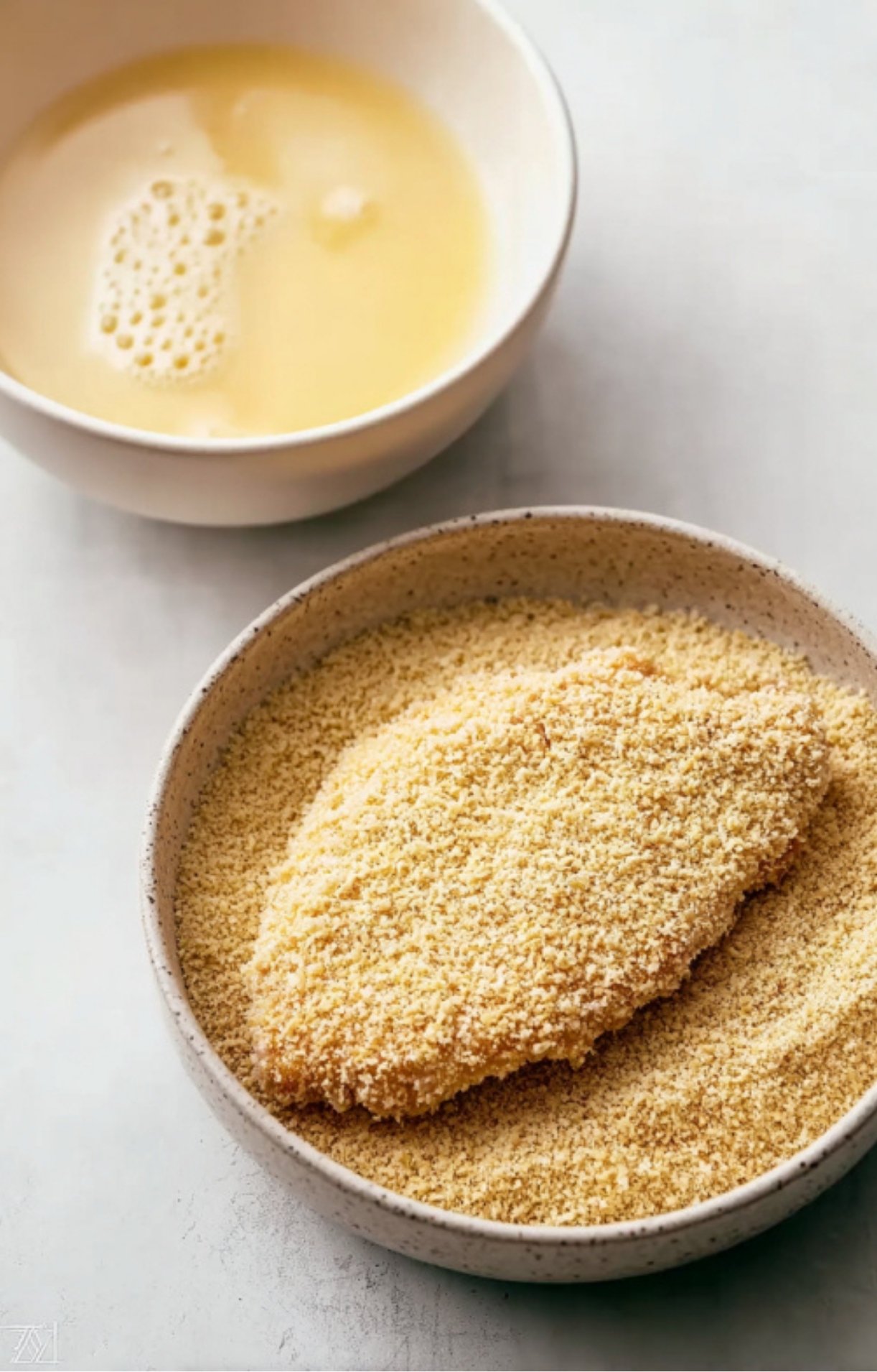 Raw veal cutlet being coated in breadcrumbs with a bowl of beaten egg in the background, ready for frying.