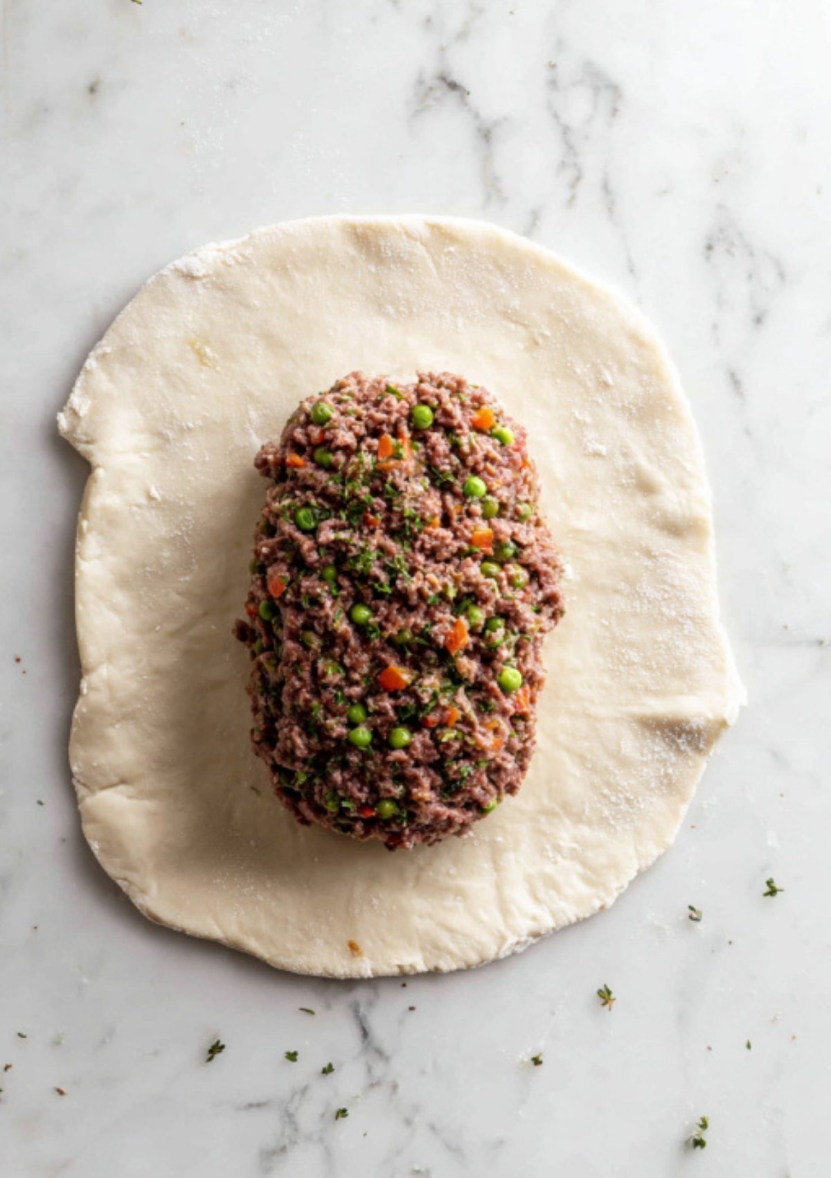 Vegan beef Wellington filling made of plant-based ground, carrots, peas, and herbs, placed on a sheet of puff pastry, ready to wrap. Step-by-step vegan holiday recipe.