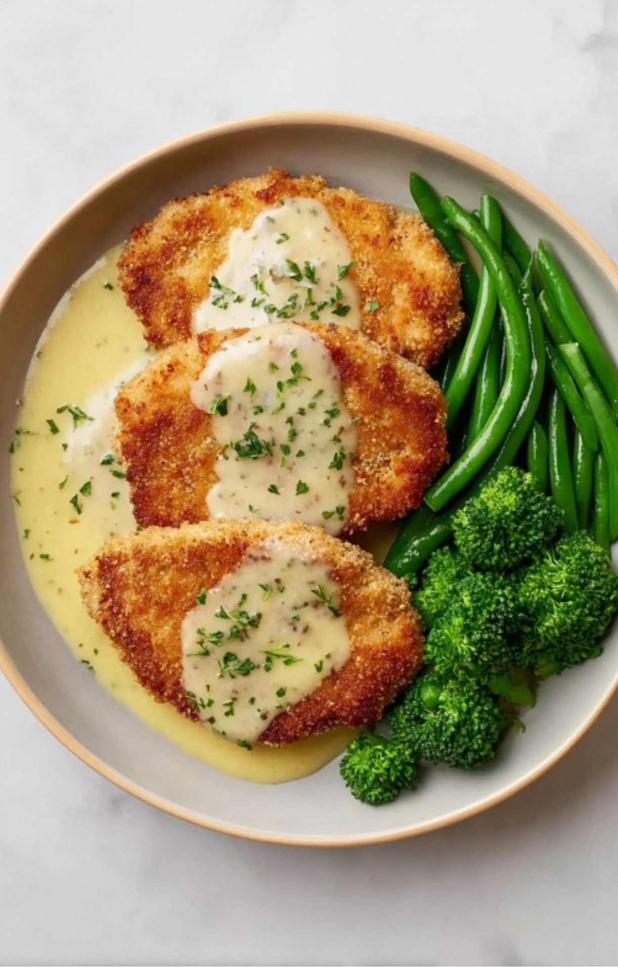 Plate of veal scallopini with lemon cream sauce, green beans, and broccoli