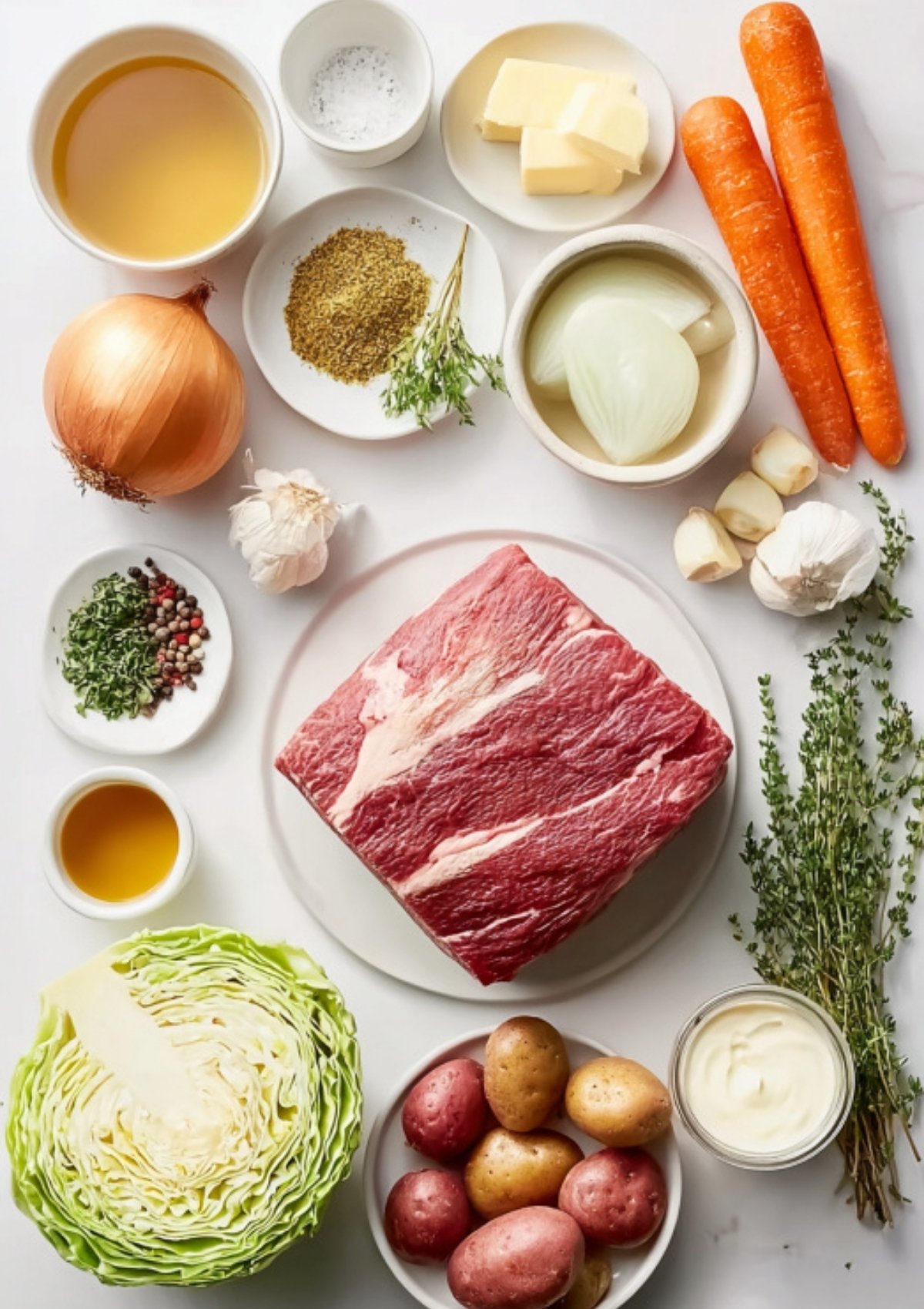 A flat lay of all the ingredients for the best corned beef and cabbage recipe, including brisket, potatoes, carrots, cabbage, garlic, onion, herbs, butter, and spices.