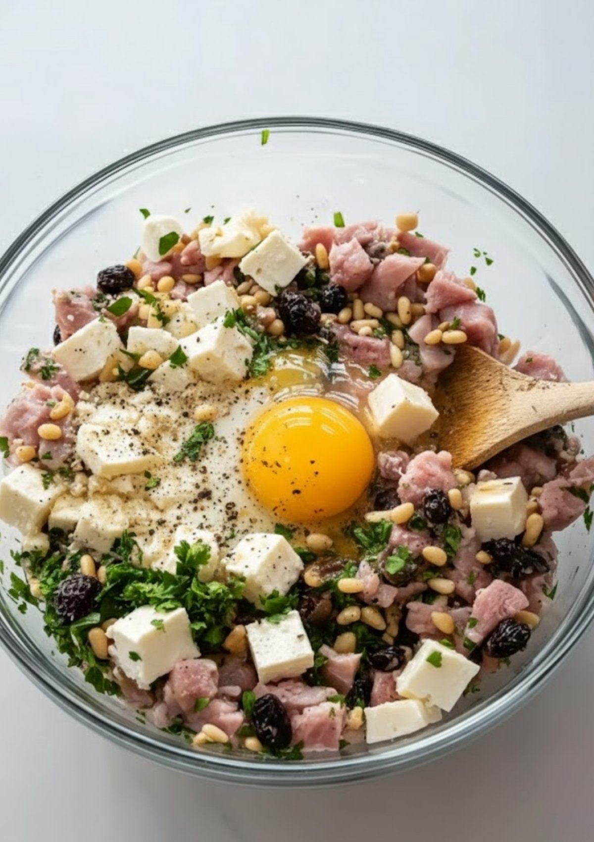 Bowl filled with braciole stuffing ingredients: cubed ham, feta cheese, pine nuts, raisins, parsley, and a cracked egg.