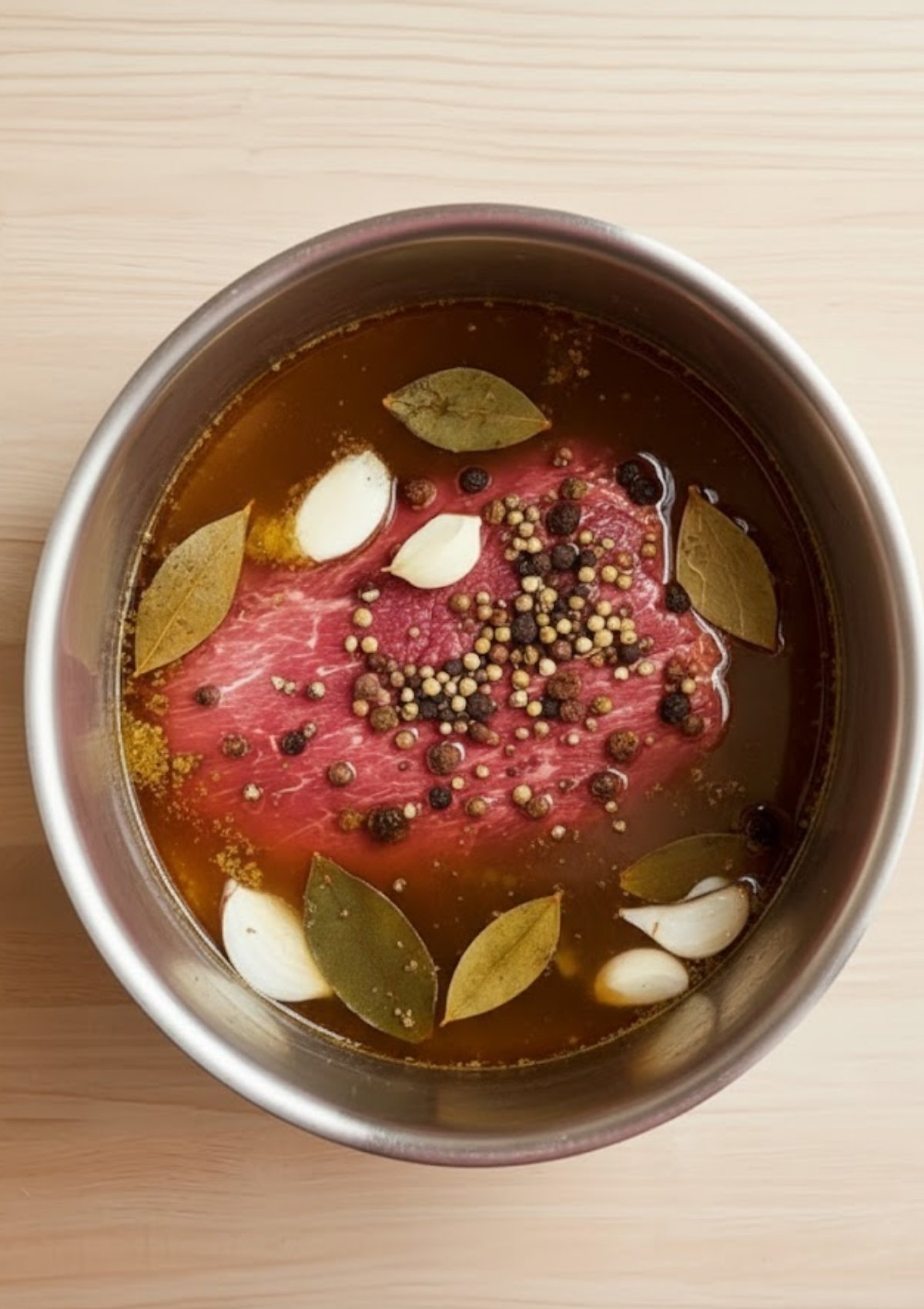 Uncooked corned beef brisket in a metal slow cooker, surrounded by broth, garlic cloves, bay leaves, peppercorns, and pickling spices, ready for a classic homemade corned beef and cabbage dinner.