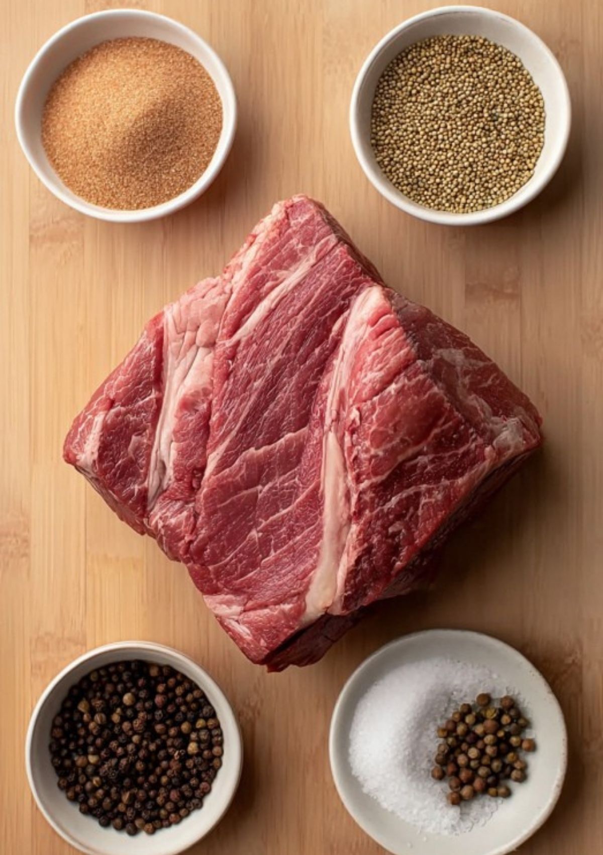 Raw brisket on a wooden board surrounded by small bowls of salt, black peppercorns, brown sugar, and mustard seeds.