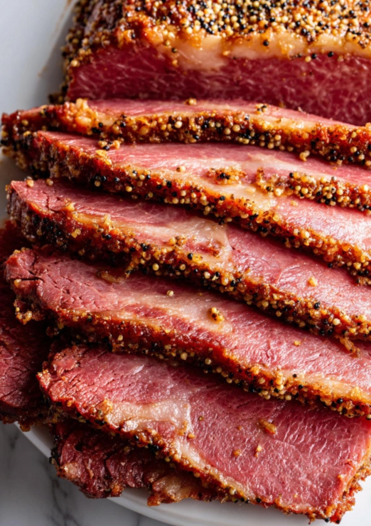 Rows of juicy, spice-crusted flat cut corned beef brisket slices on a plate, showing a moist interior. A simple beef recipe for festive dinners and Sunday suppers.