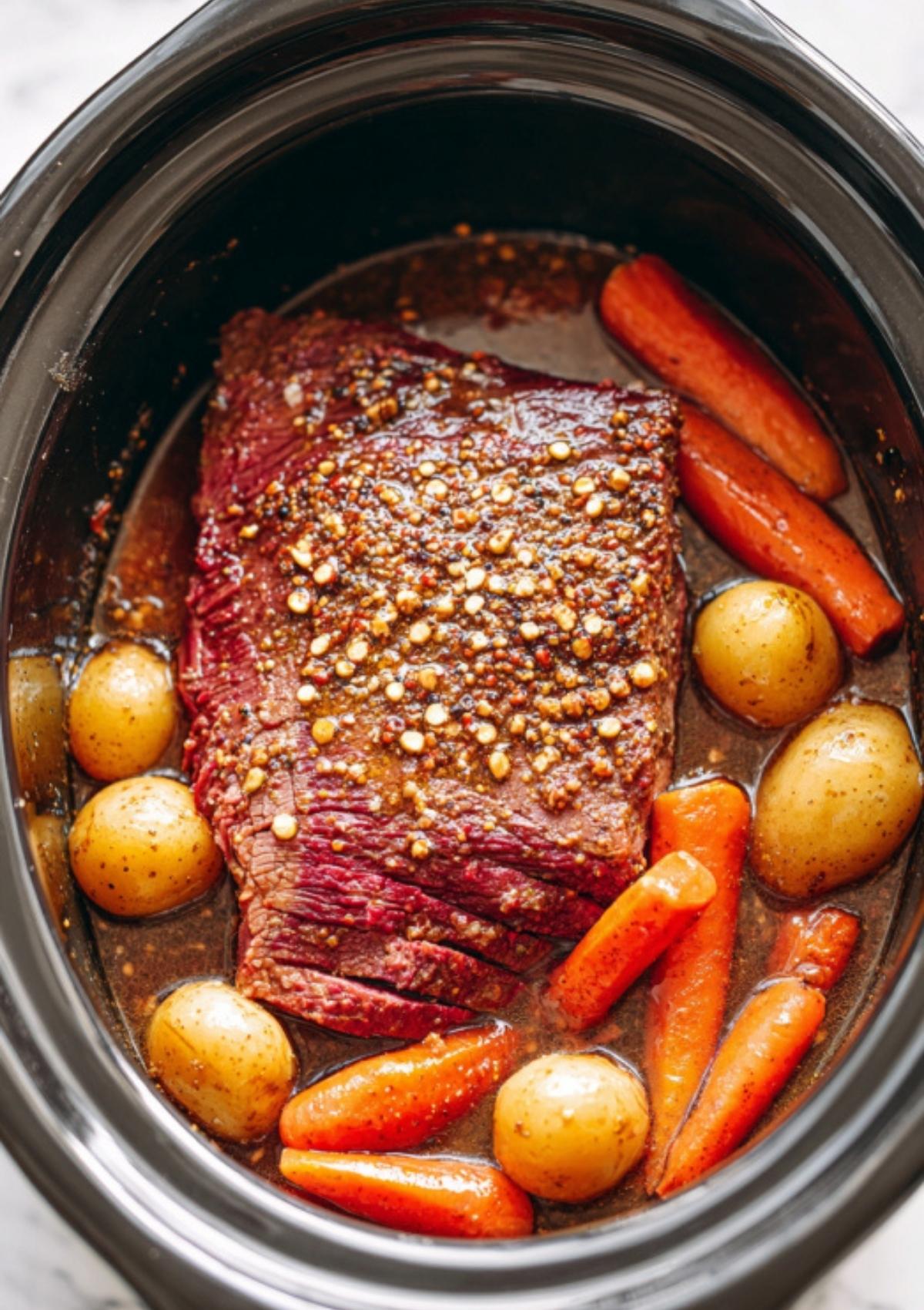 Cooked corned beef brisket with baby potatoes and carrots in a slow cooker. Simple, hearty meal with rich flavor—ideal for busy weeknights or festive holiday meals.