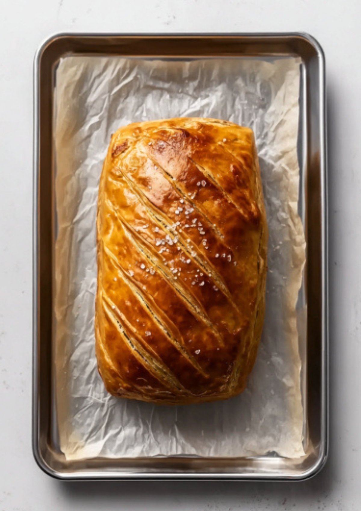 Whole beef fillet wrapped in flaky puff pastry, baked to golden perfection on a baking tray. A stunning and classic centerpiece for Christmas, Thanksgiving, or family gatherings.