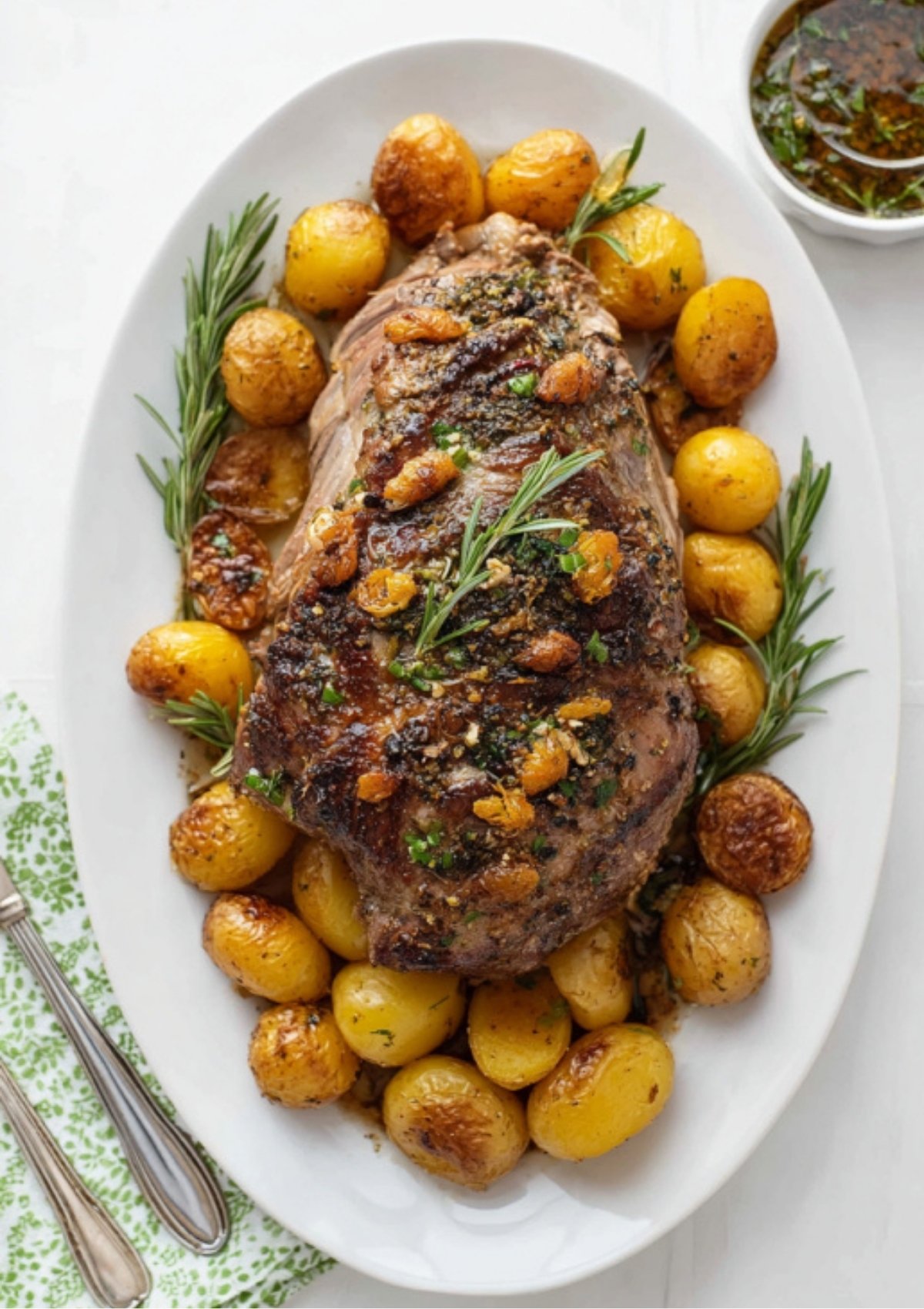 Whole boneless leg of lamb roast served on a white platter, surrounded by golden roasted potatoes and fresh rosemary, with a bowl of herb sauce on the side