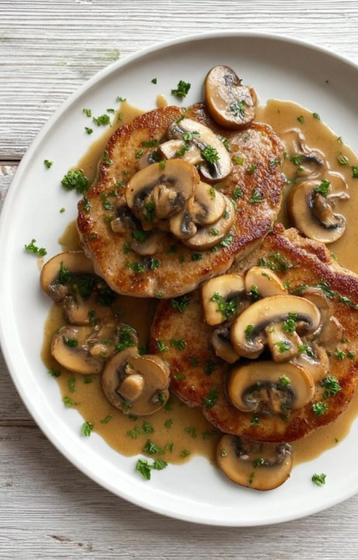 Two veal cutlets smothered in mushroom sauce and fresh parsley on a white plate, perfect for a comforting and fast Italian meal.