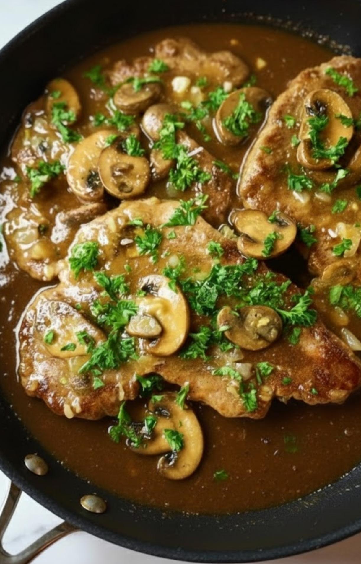 Veal scallopini simmering in a skillet with marsala wine sauce, mushrooms, and fresh parsley, an easy Italian dinner recipe for cozy nights
