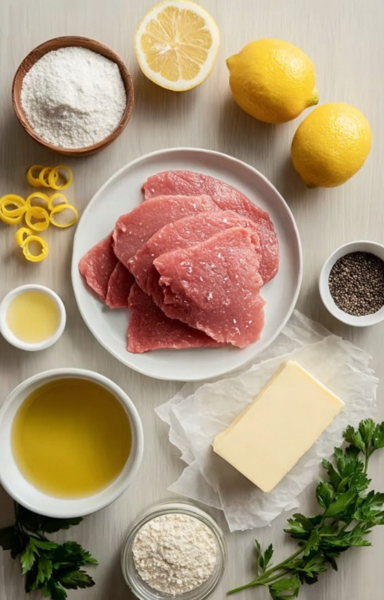 Flat lay of veal scallopini Francese ingredients: raw veal slices, fresh lemons, butter, olive oil, flour, black pepper, parsley, and lemon zest. Everything you need for a classic Italian lemon sauce dinner.