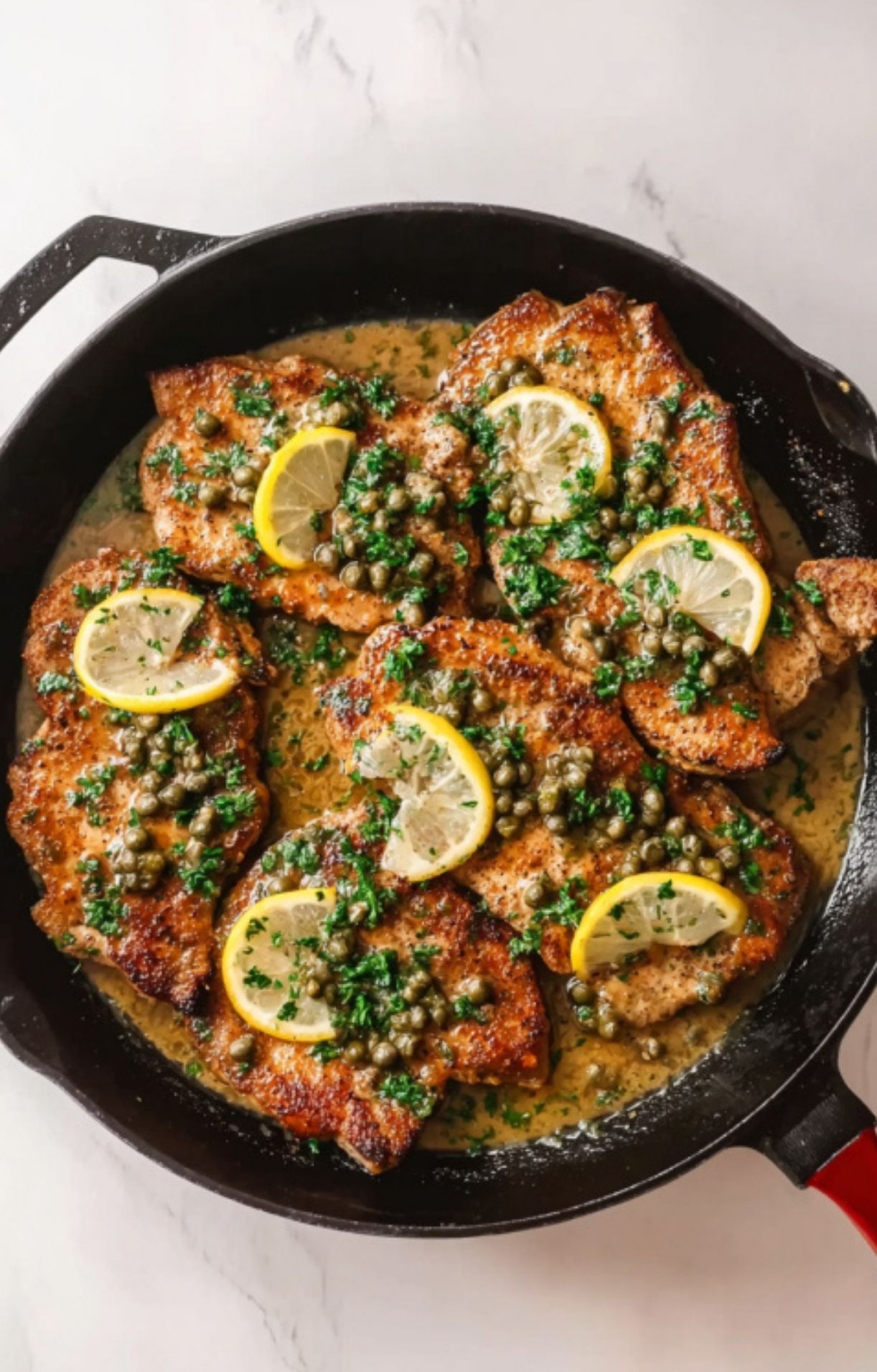 Crispy veal piccata topped with lemon slices, capers, and parsley, served with fresh lemon wedge. Perfect for classic Italian weeknight dinners and dinner parties.