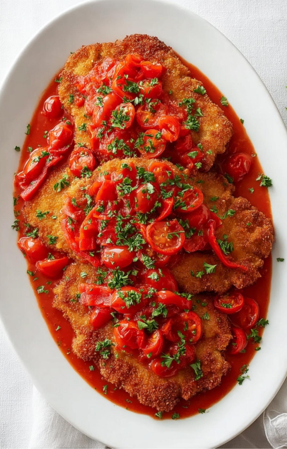 Golden veal cutlets topped with chunky tomato sauce and fresh parsley, arranged on a large white oval platter.