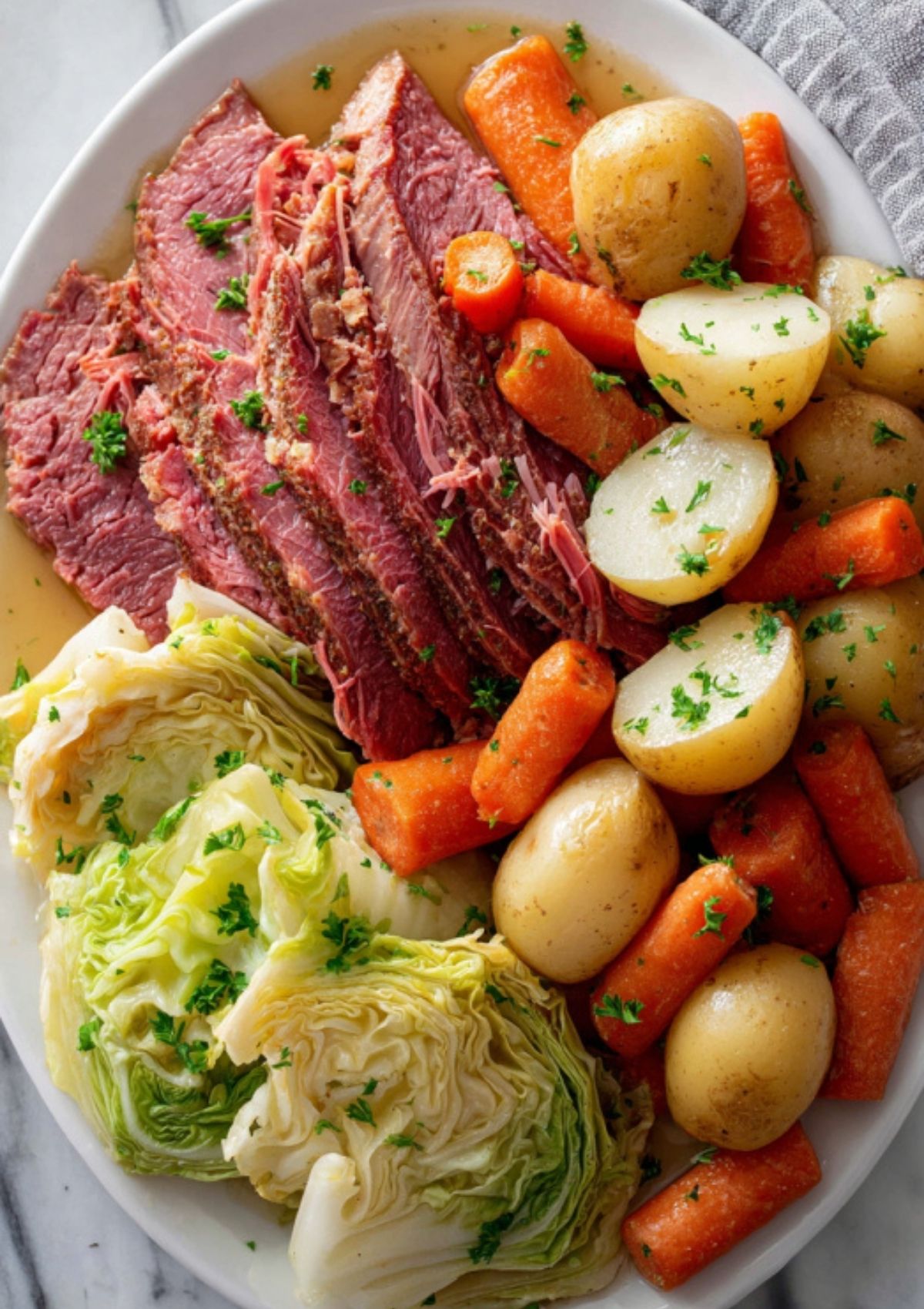 Fresh wedges of green cabbage added to a slow cooker, about to cook with corned beef, potatoes, and carrots for a soft and sweet veggie side.