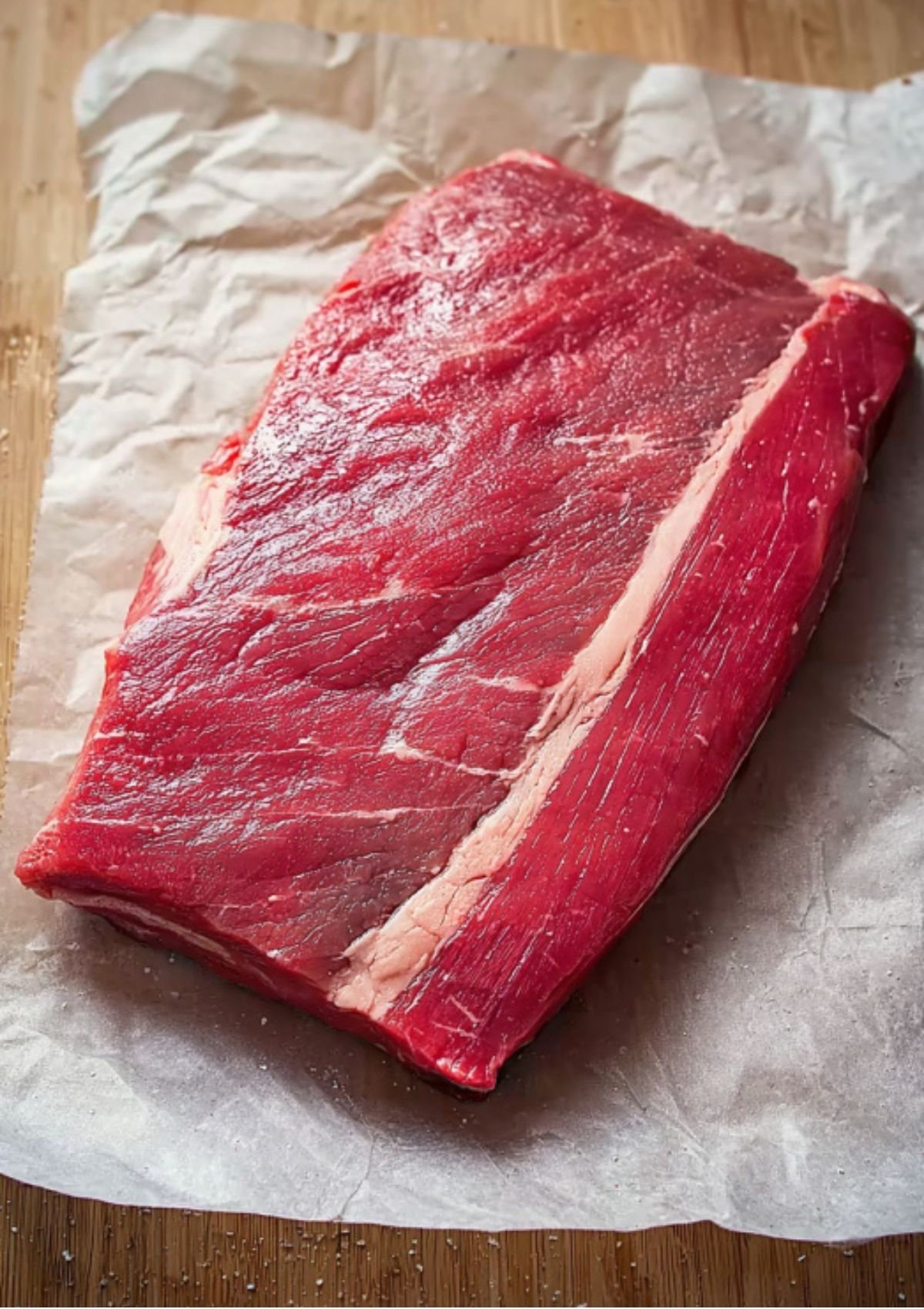 Raw beef brisket on parchment paper, showing marbling and a layer of fat, before being brined for homemade corned beef.