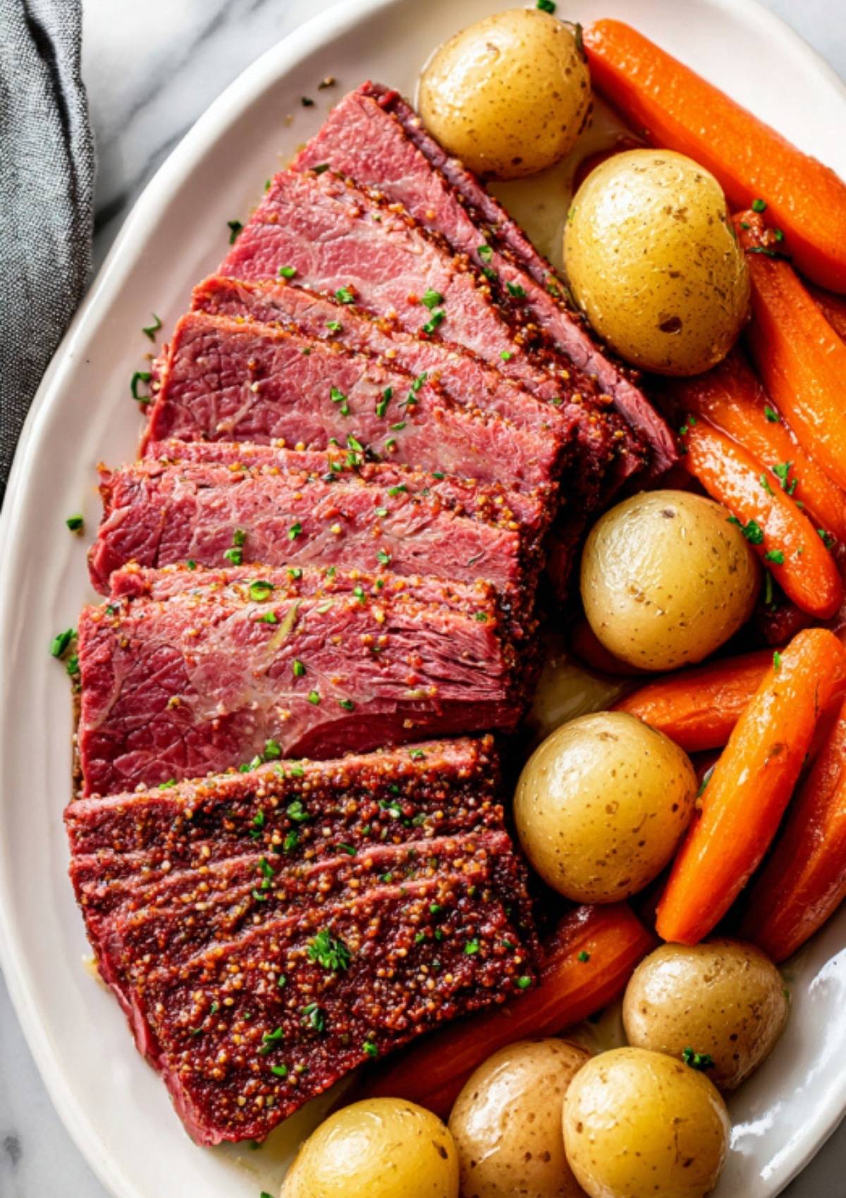Plate with juicy, sliced corned beef, baby potatoes, and carrots. Easy slow cooker dinner for family gatherings, St. Patrick’s Day, or cozy nights in.
