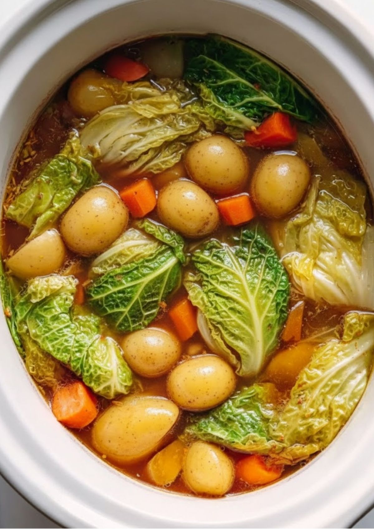 Slow cooker filled with cabbage, baby potatoes, carrots, and rich broth. A classic Irish recipe for St. Patrick’s Day, simple weeknight dinners, and hearty one-pot meals.
