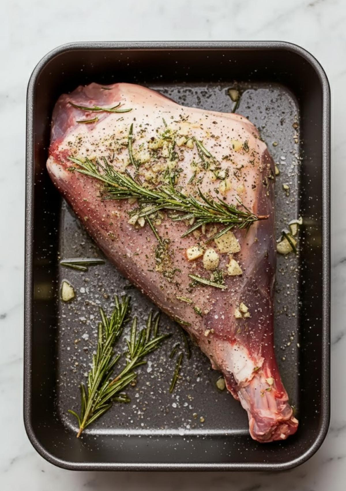 Uncooked leg of lamb rubbed with garlic, rosemary, salt, and pepper in a roasting tray