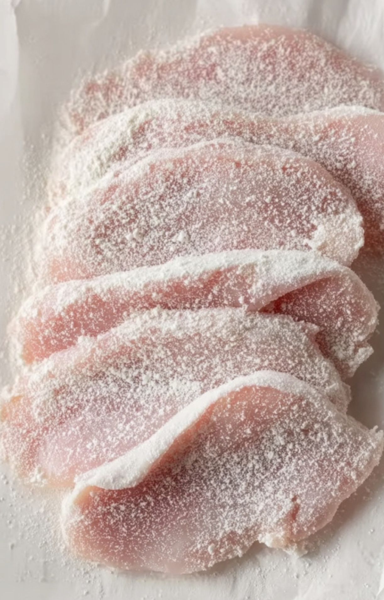 Thin veal cutlets coated in flour, ready to cook for a classic marsala veal scallopini recipe