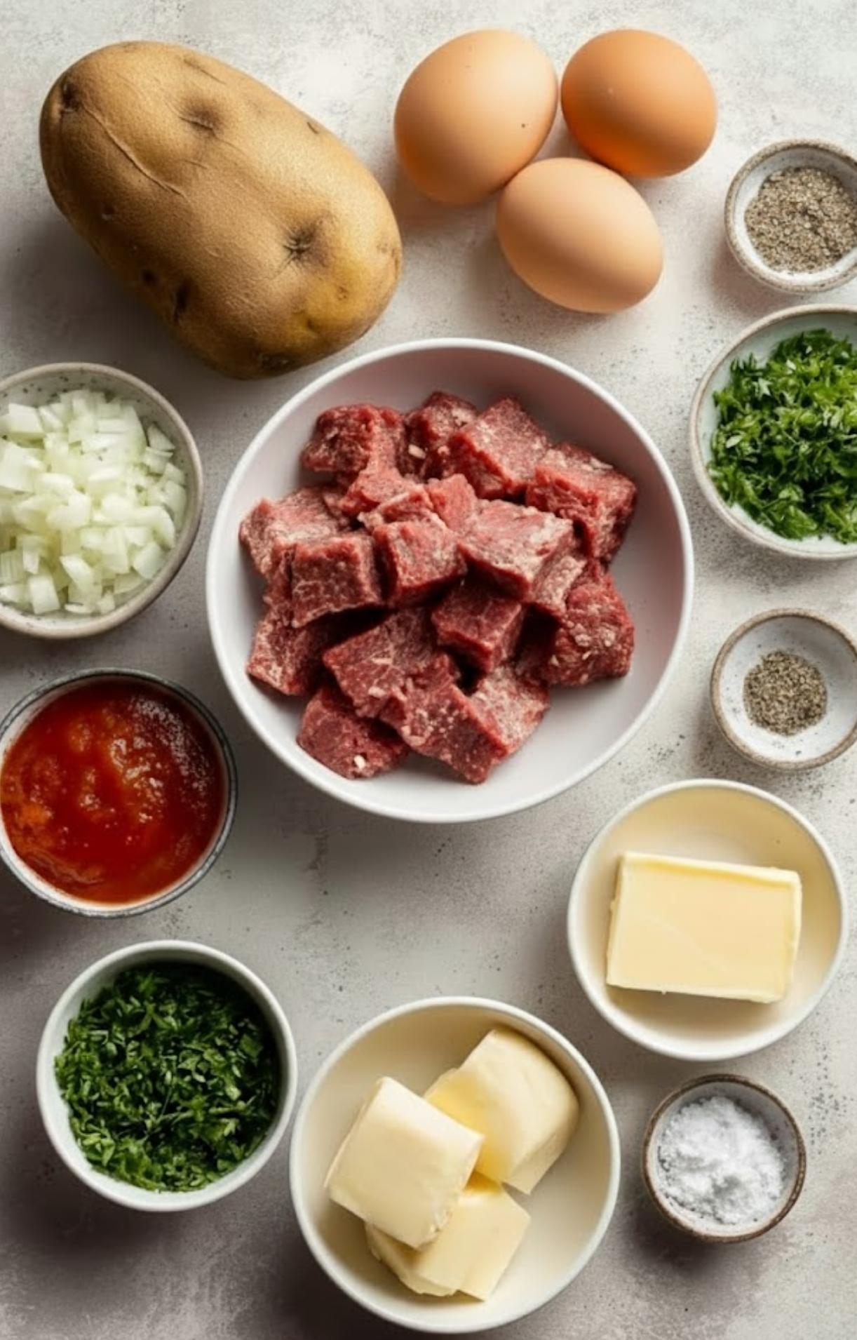 Overhead shot of corned beef hash ingredients: diced potatoes, eggs, cooked corned beef, onions, parsley, butter, ketchup, and seasonings on a kitchen counter.