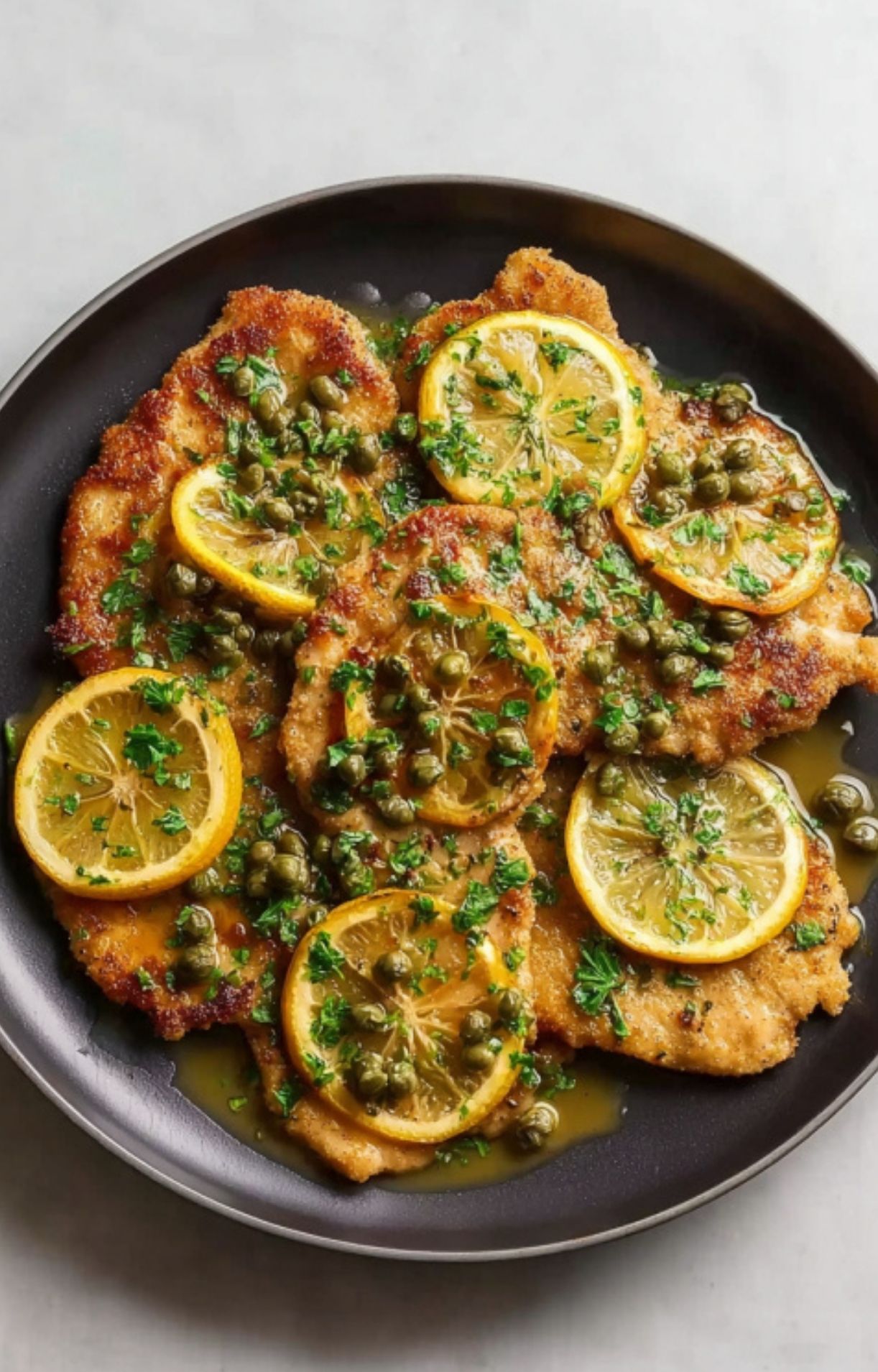 Veal cutlets simmered in lemon butter sauce with capers and fresh herbs. Overhead shot in skillet, perfect for easy Italian weeknight meals.