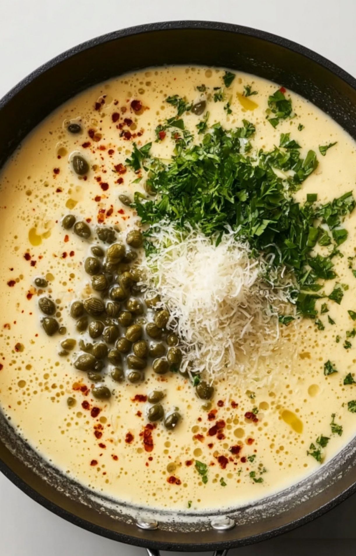 A skillet containing a creamy sauce base topped with fresh capers, shredded cheese, chopped parsley, and red pepper flakes.