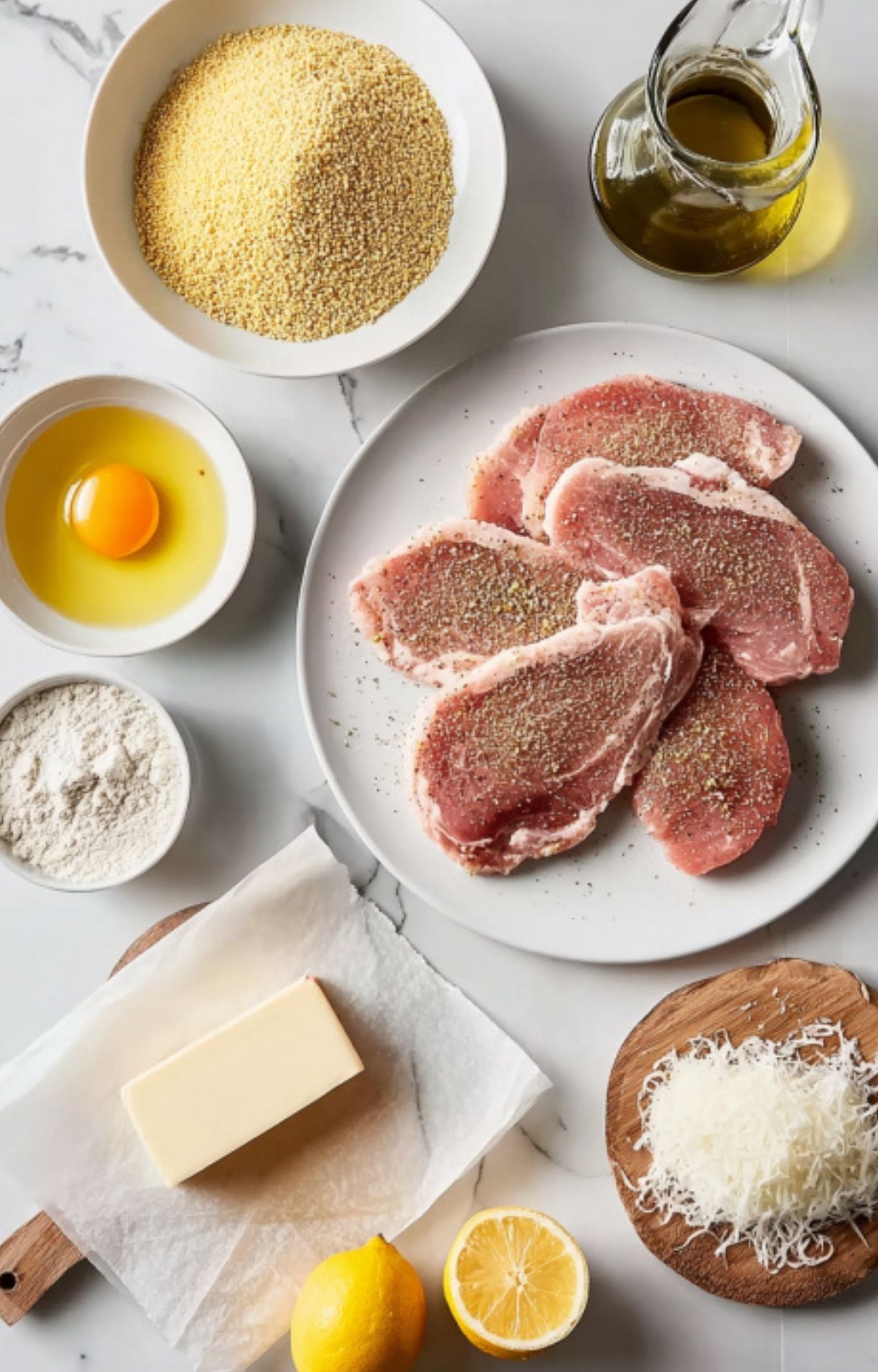 Bowls of veal, eggs, flour, breadcrumbs, parmesan, oil, butter, and lemon for making veal scallopini Milanese.