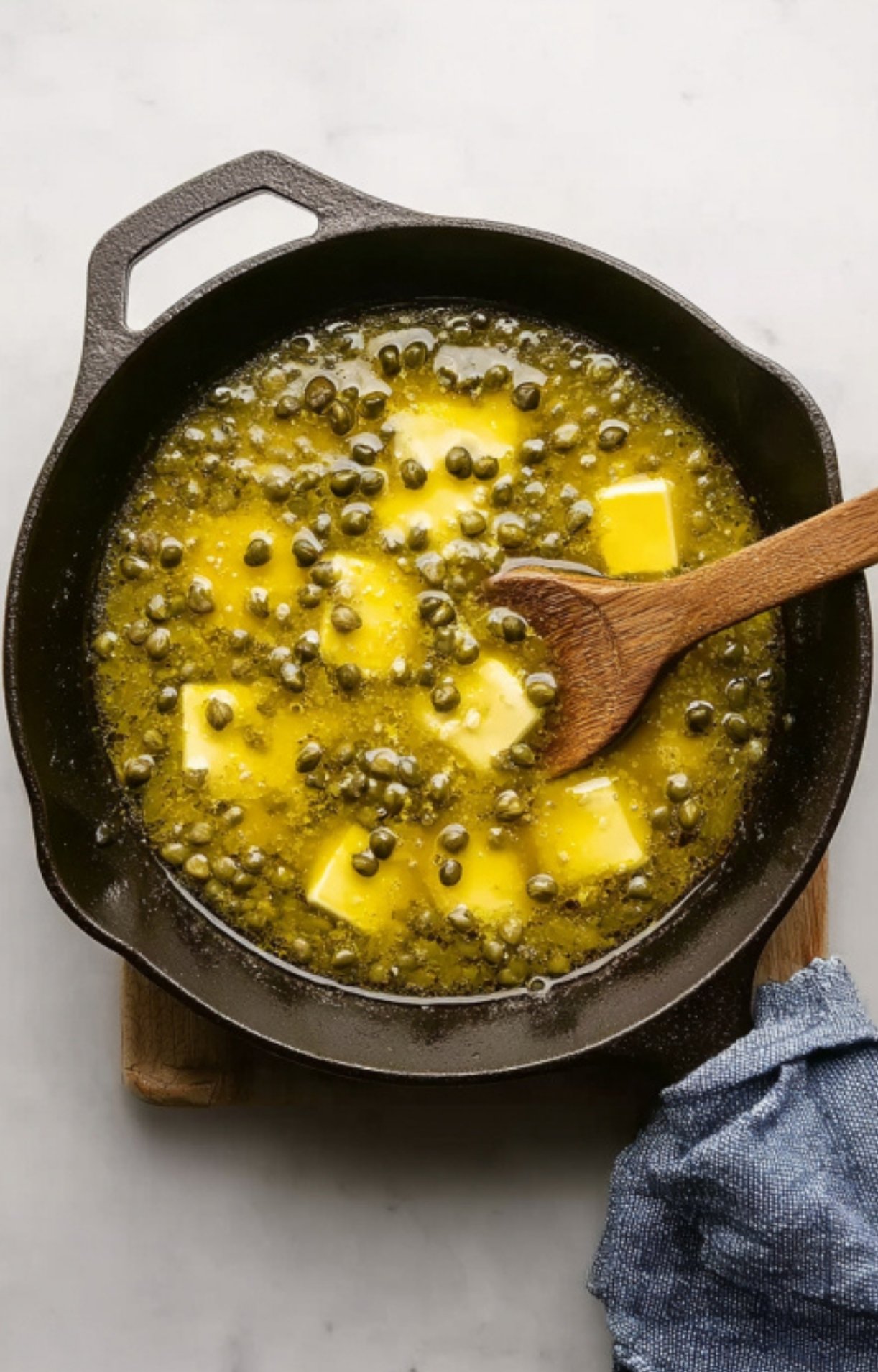 Butter and capers melting in skillet for classic veal scallopini sauce, step-by-step Italian recipe.