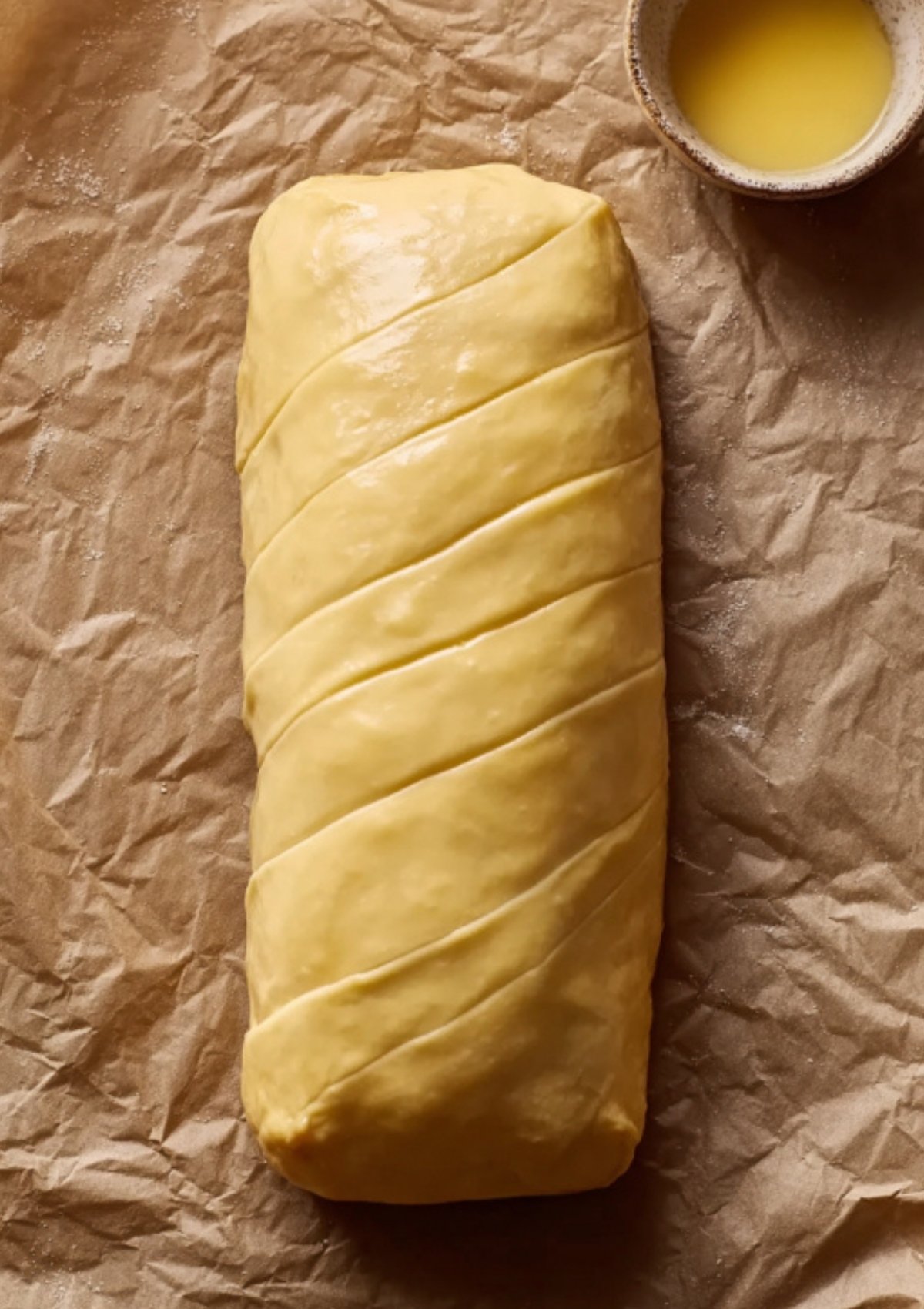 Unbaked beef Wellington wrapped in puff pastry and brushed with egg wash, ready to be baked for a festive main dish at Christmas and special dinners.