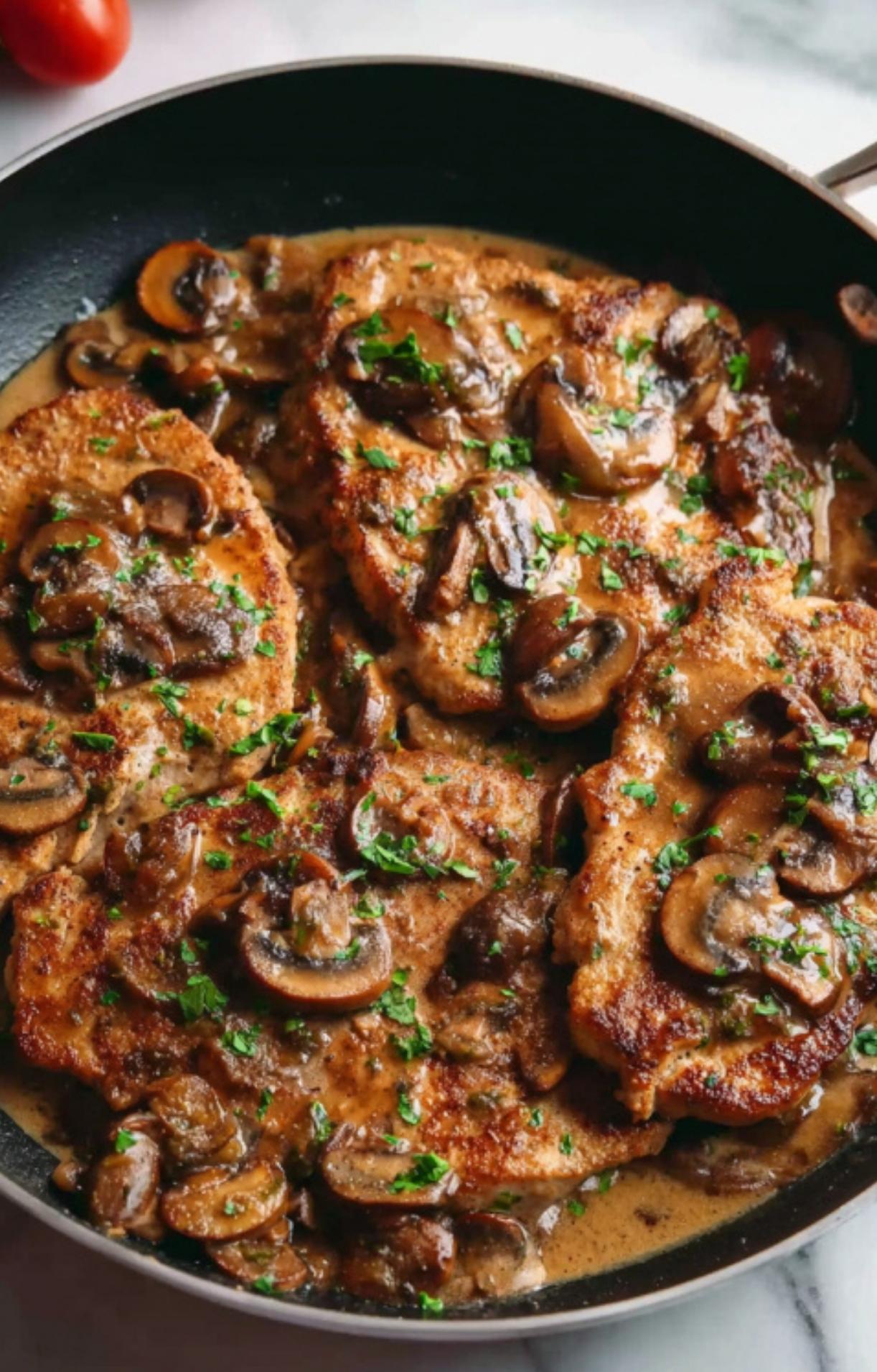 Close-up of sliced mushrooms and capers sautéing in a skillet, simmering in a rich white wine sauce for homemade veal scallopini. Easy Italian comfort food.