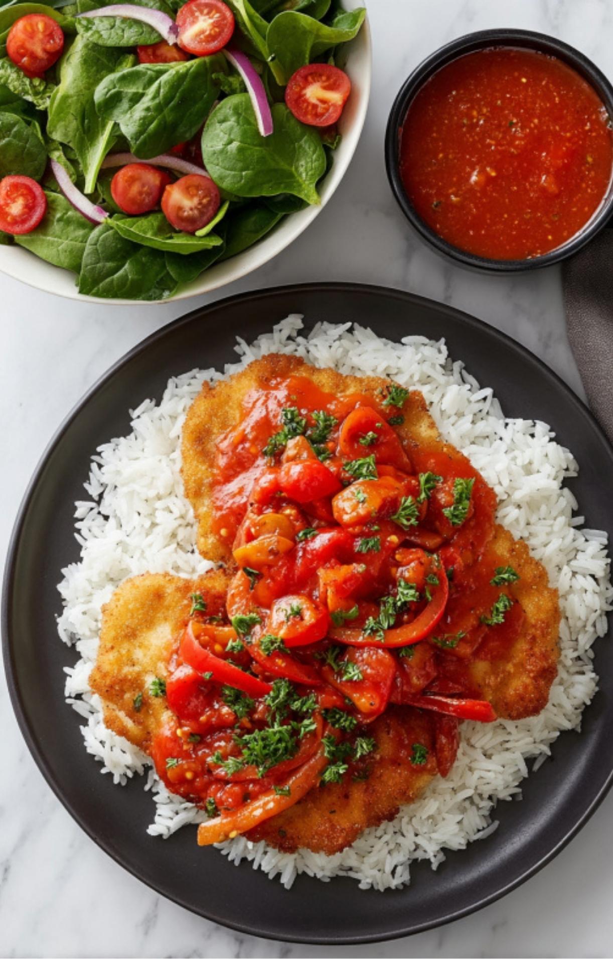 Crispy veal cutlets topped with sweet pepper and tomato sauce served over white rice, with a spinach salad and tomato sauce on the side.