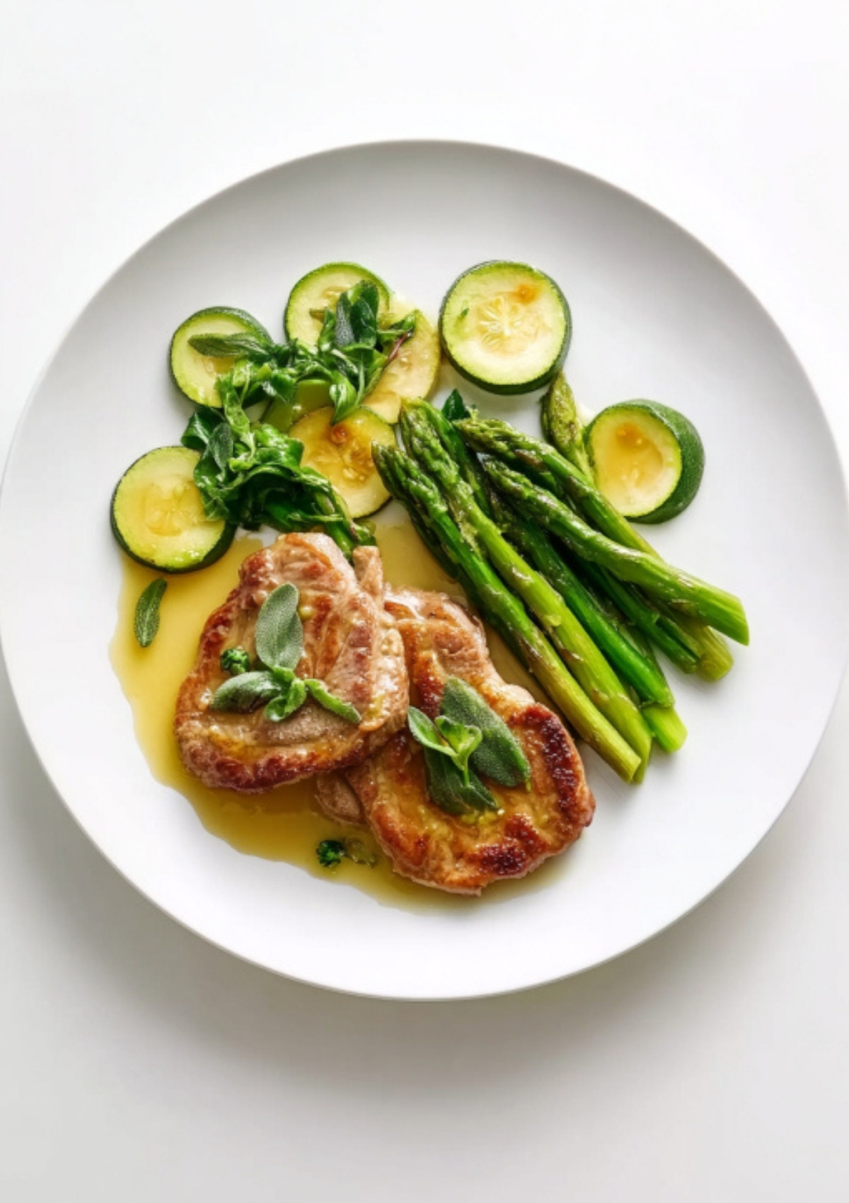 Plated veal scallopini sauce recipe served with a side of sautéed zucchini and green asparagus.