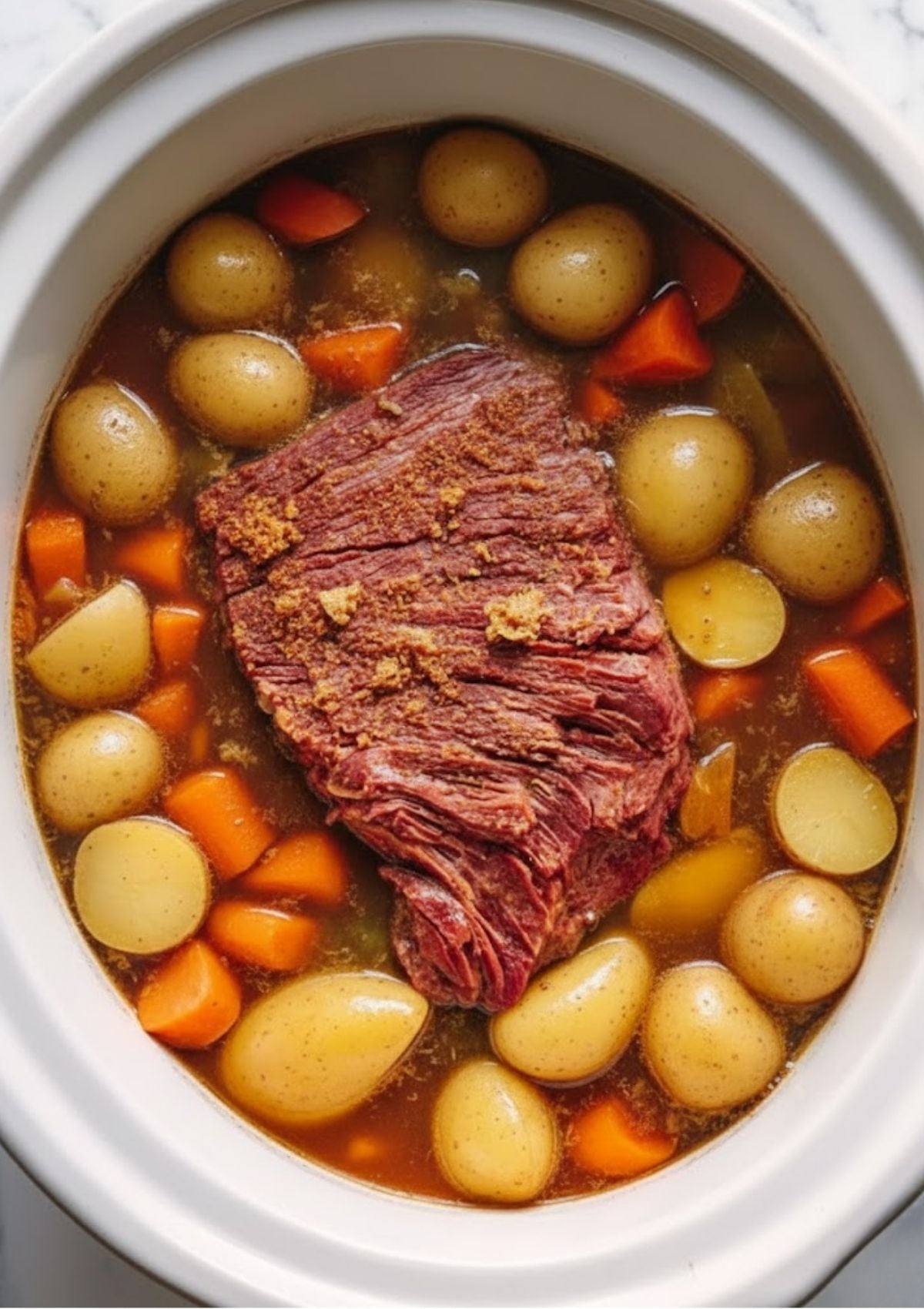 Corned beef brisket, baby potatoes, and carrots cooking in a slow cooker with savory broth. Perfect easy dinner for St. Patrick’s Day or cozy weeknight meals.