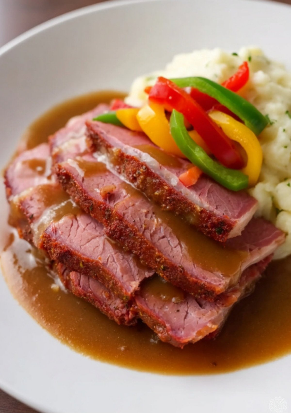 Sliced corned beef served with mashed potatoes, gravy, and saut&eacute;ed peppers. The perfect easy dinner for busy nights or holiday celebrations.