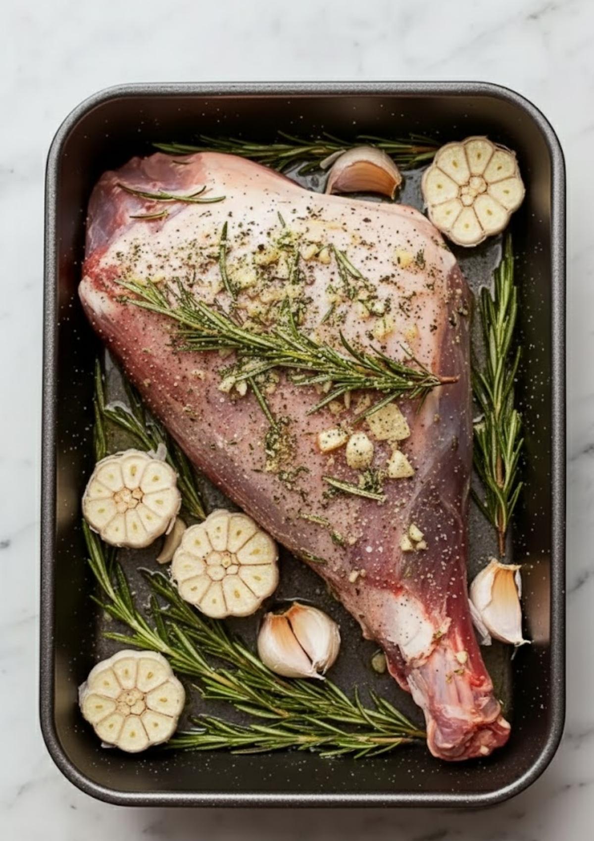 Raw bone-in leg of lamb seasoned with garlic, rosemary, and olive oil in a roasting pan