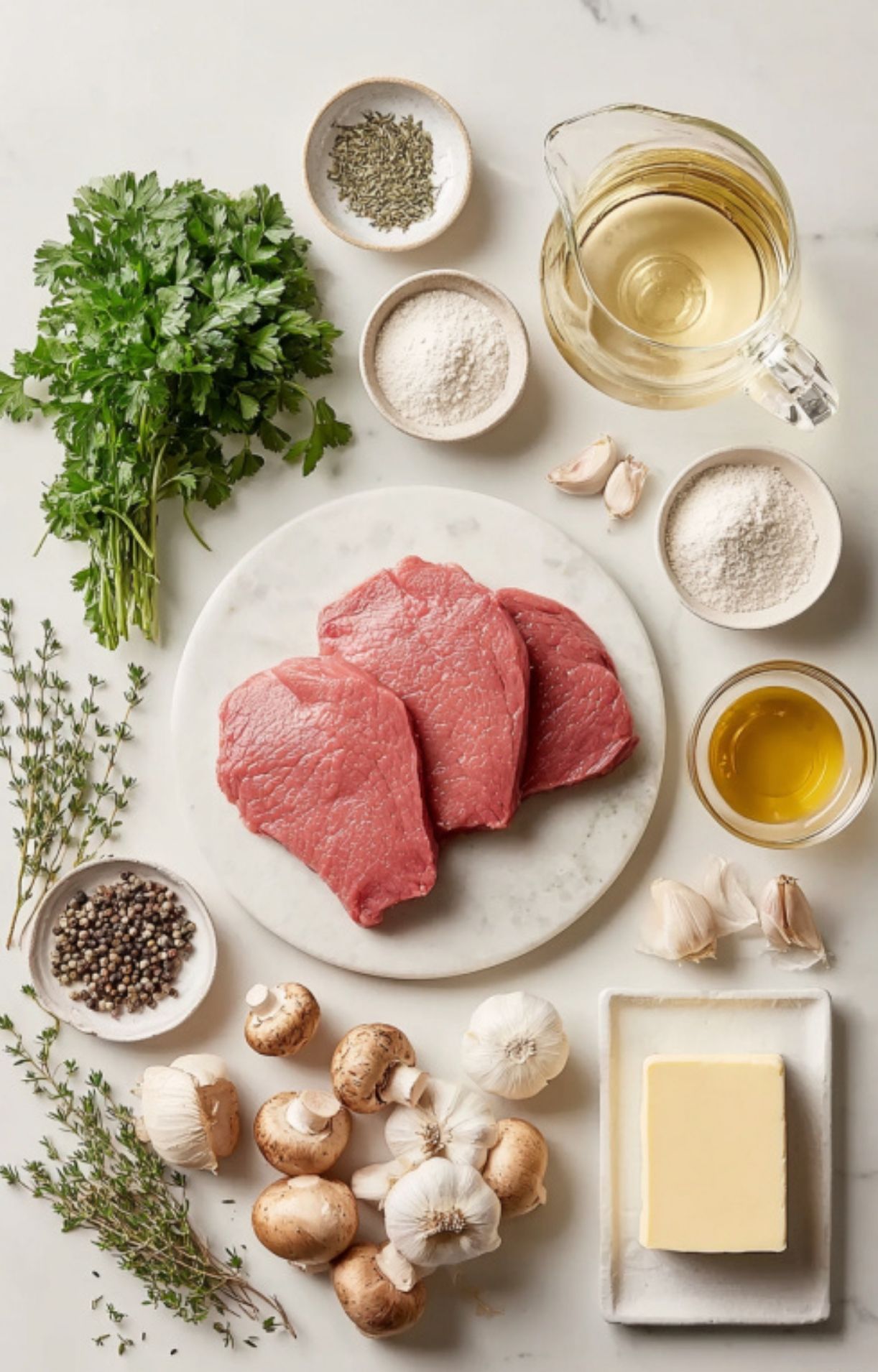 Raw veal, garlic, mushrooms, flour, fresh parsley, and butter arranged on a marble counter for scallopini.