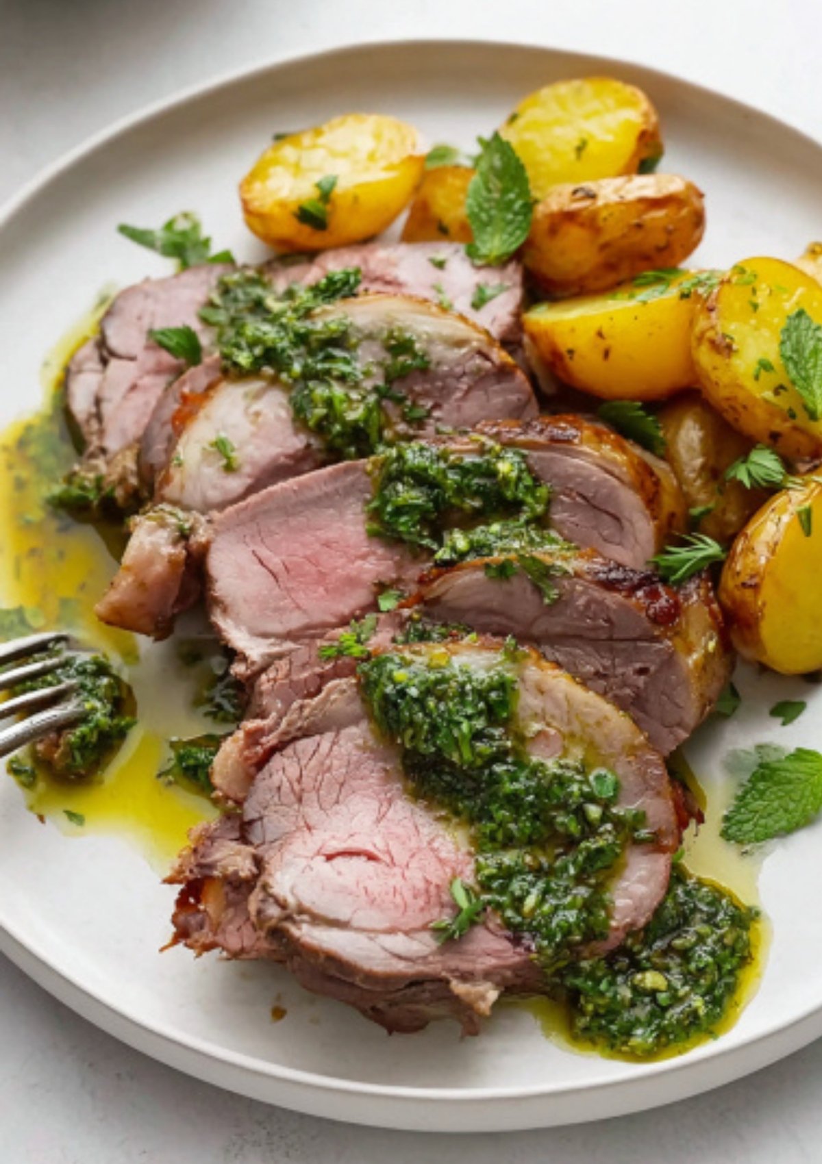 Tender lamb slices drizzled with green mint chimichurri sauce, served with roasted potatoes and fresh herbs on a plate