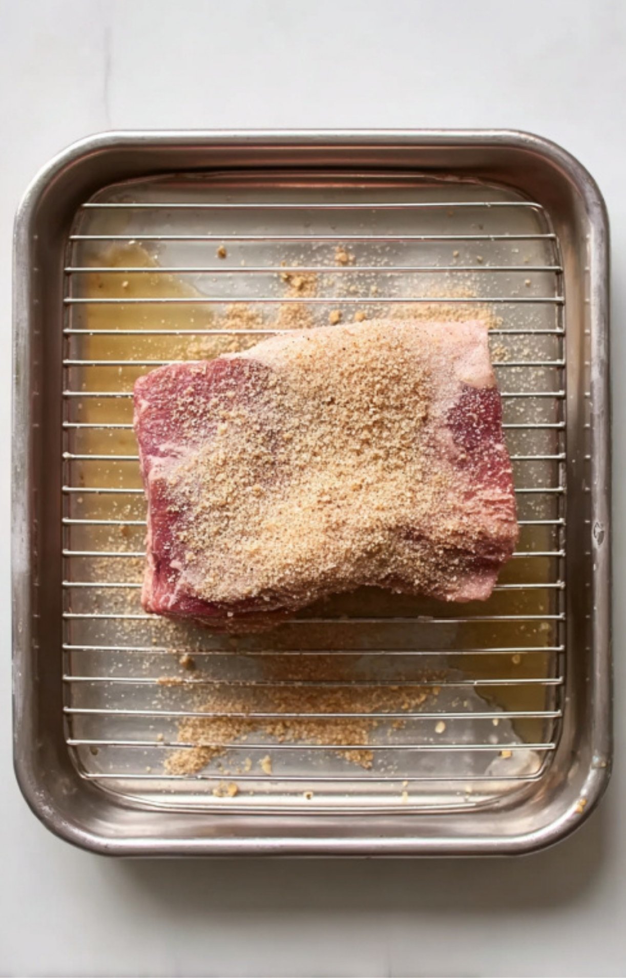 Uncooked brisket coated in brown sugar on a rack in roasting pan, step for Guinness braised corned beef