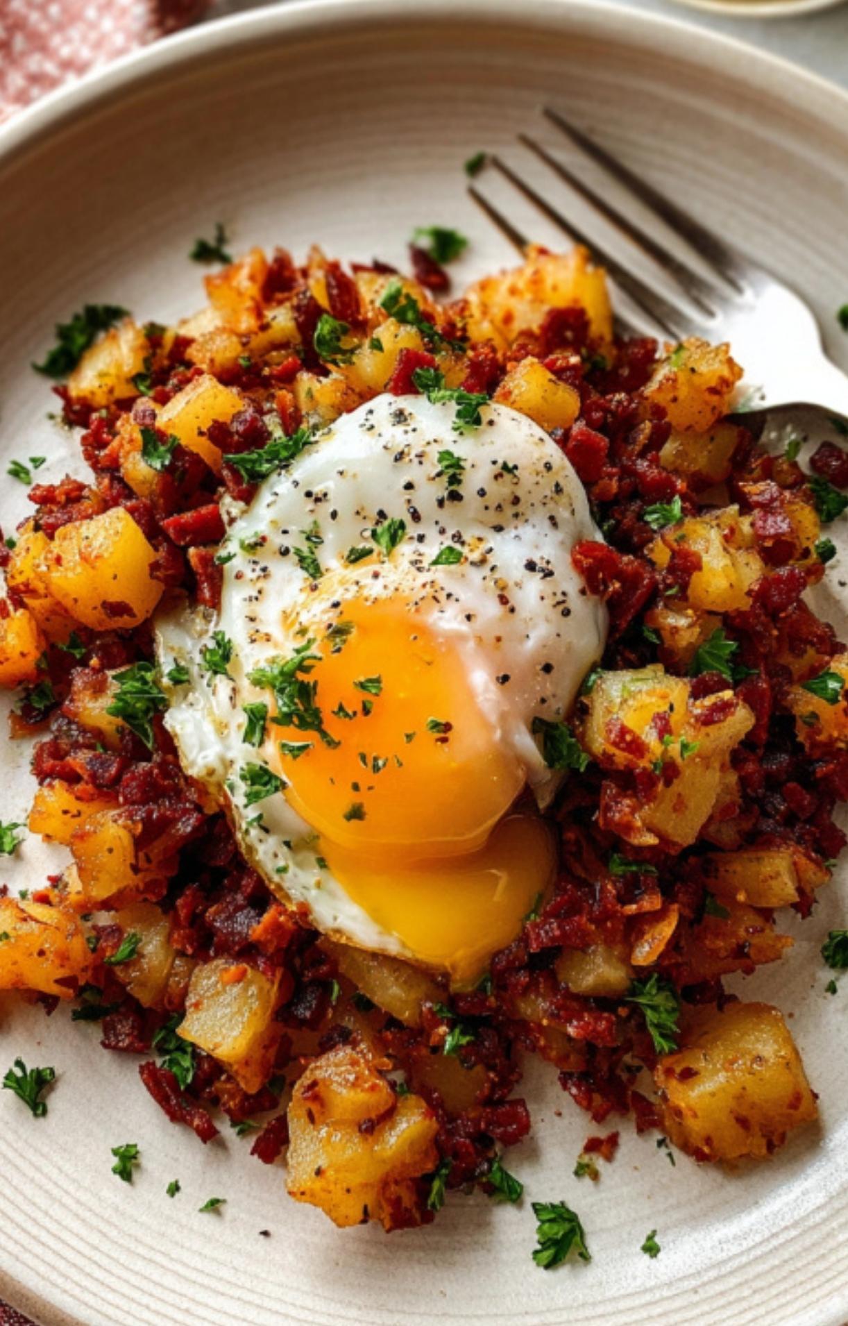 Crispy corned beef hash served on a plate, topped with a sunny-side up egg with a runny yolk and sprinkled with parsley.